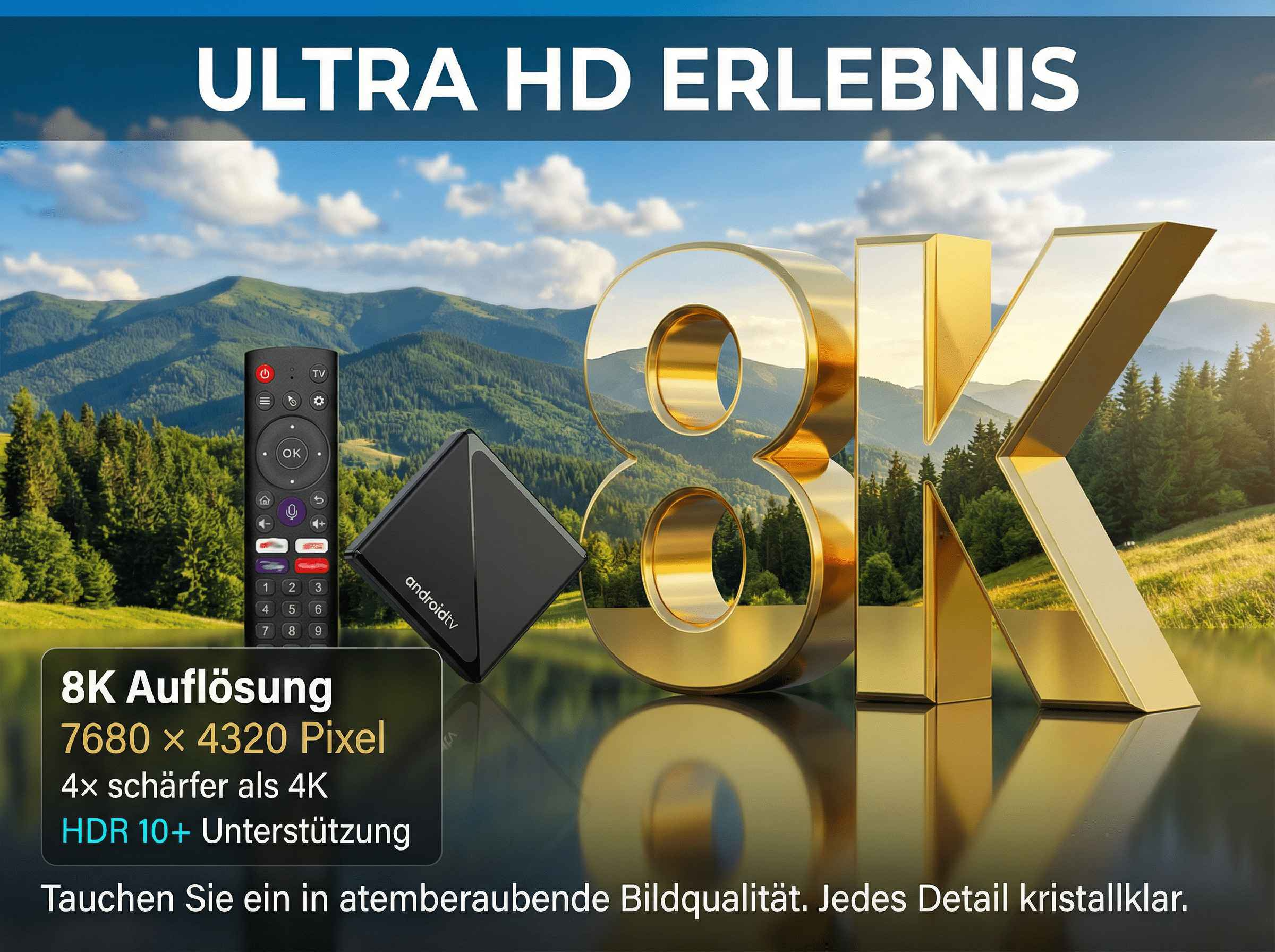 Goldene 8K-Buchstaben, Fernbedienung und Android TV Box vor Bergen.
