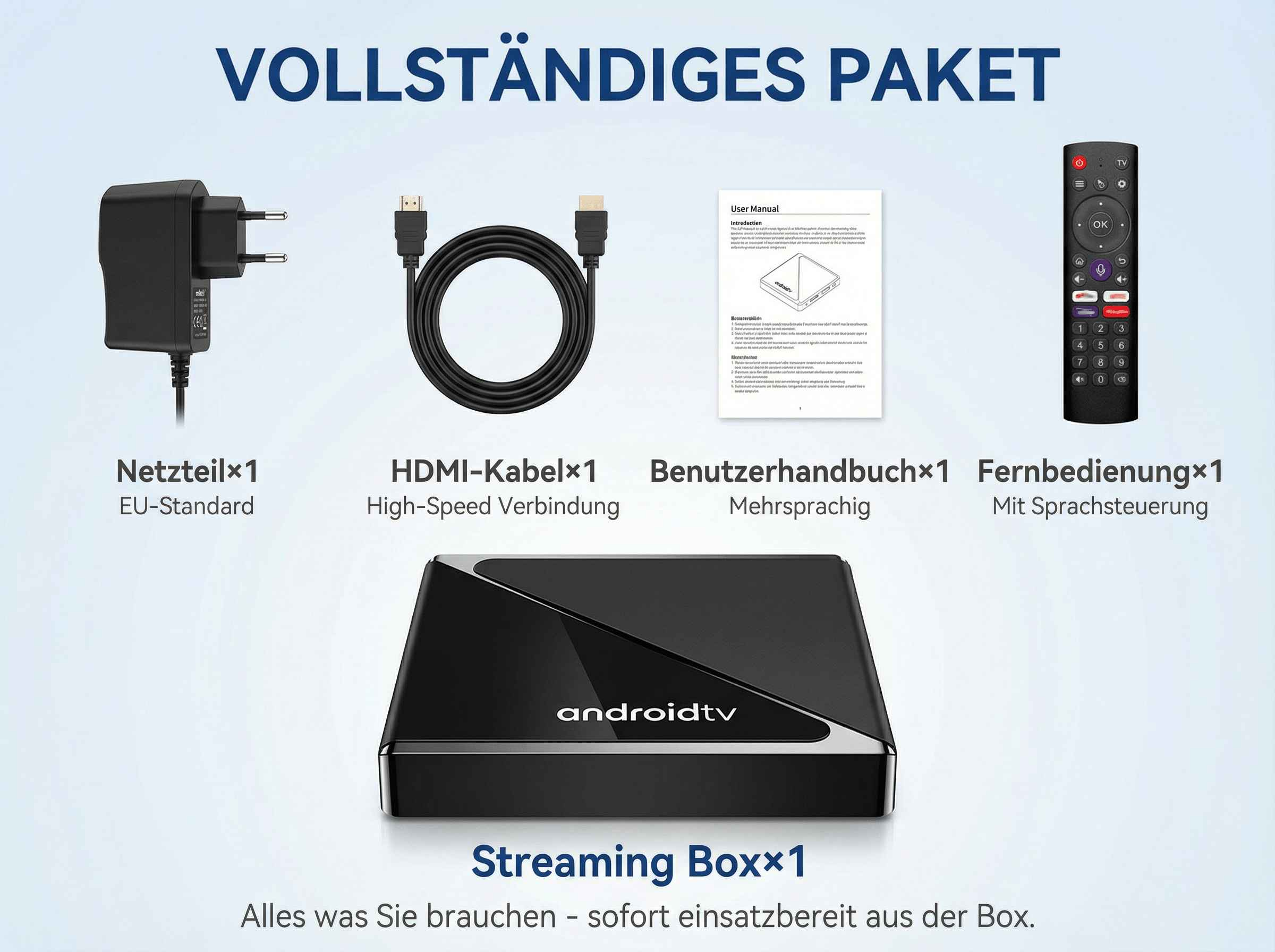 Vollständiges Paket: Netzteil, HDMI-Kabel, Handbuch, Fernbedienung und Android TV Box.
