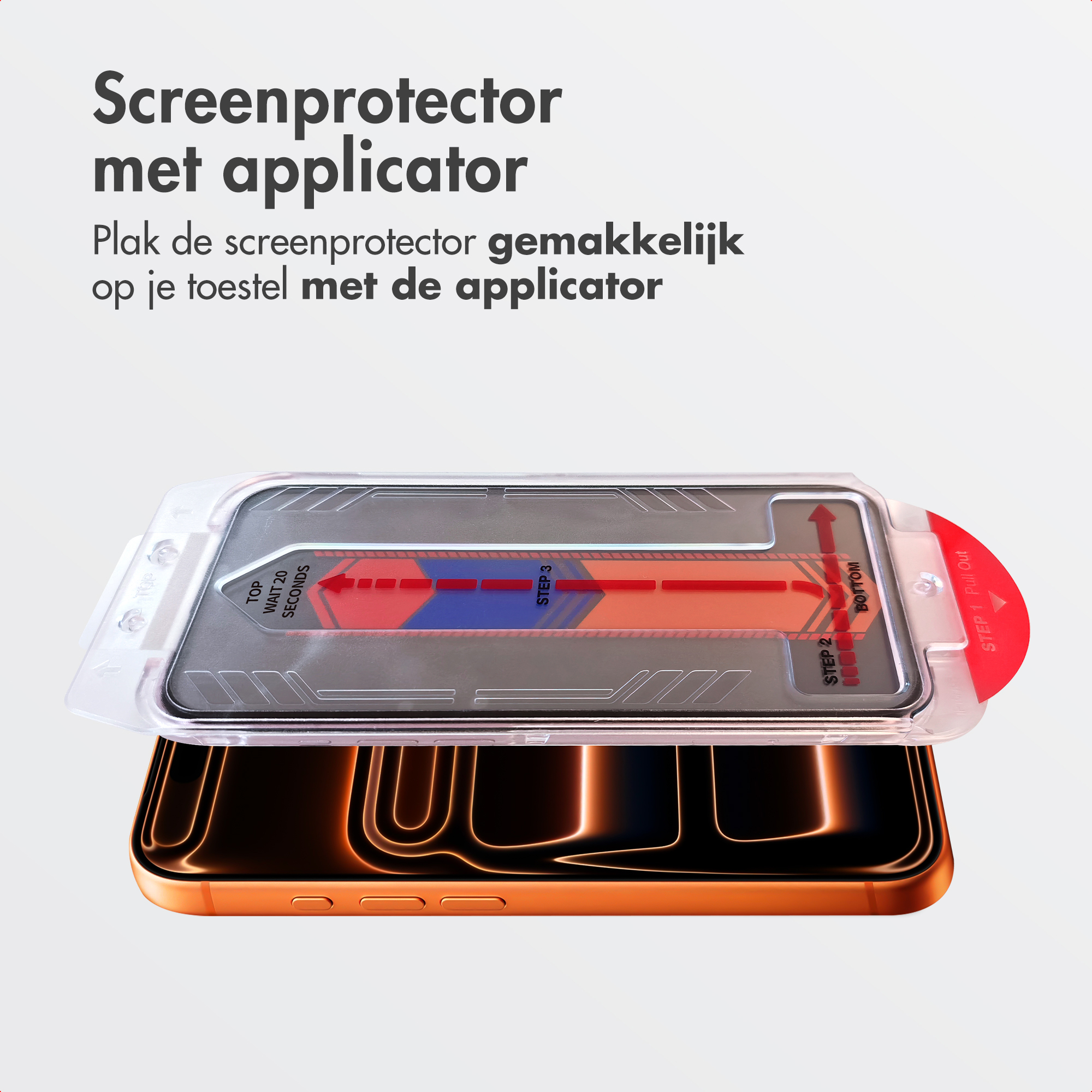 Screen protector applicator over an orange smartphone, ready for installation.