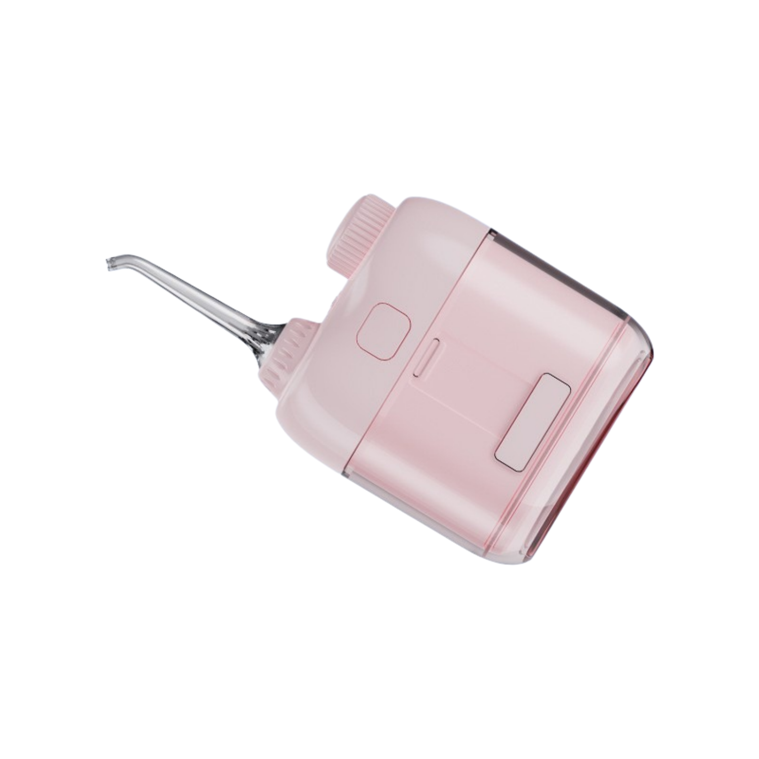 Ein rosa elektrischer Wasserstrahlreiniger mit einem transparenten Aufsatz.