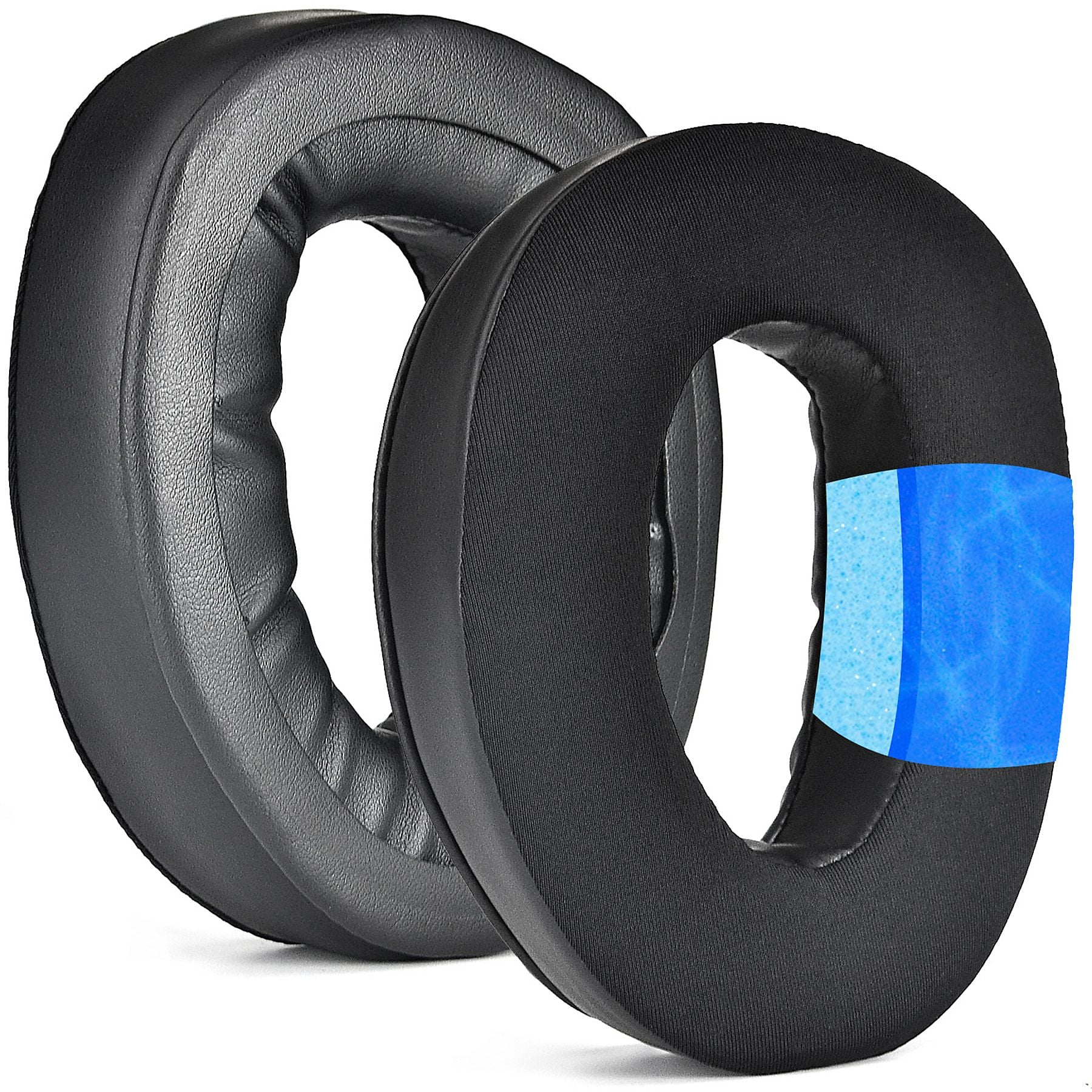 Zwei schwarze Kopfhörerpolster nebeneinander, eines mit blauen Akzenten.
