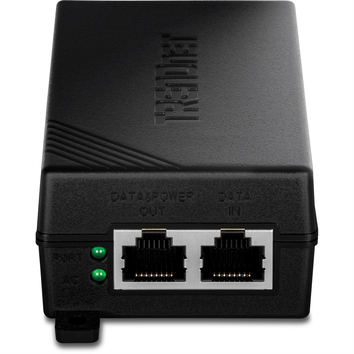 Schwarzer PoE-Splitter mit zwei Ethernet-Anschlüssen und grünen LEDs.