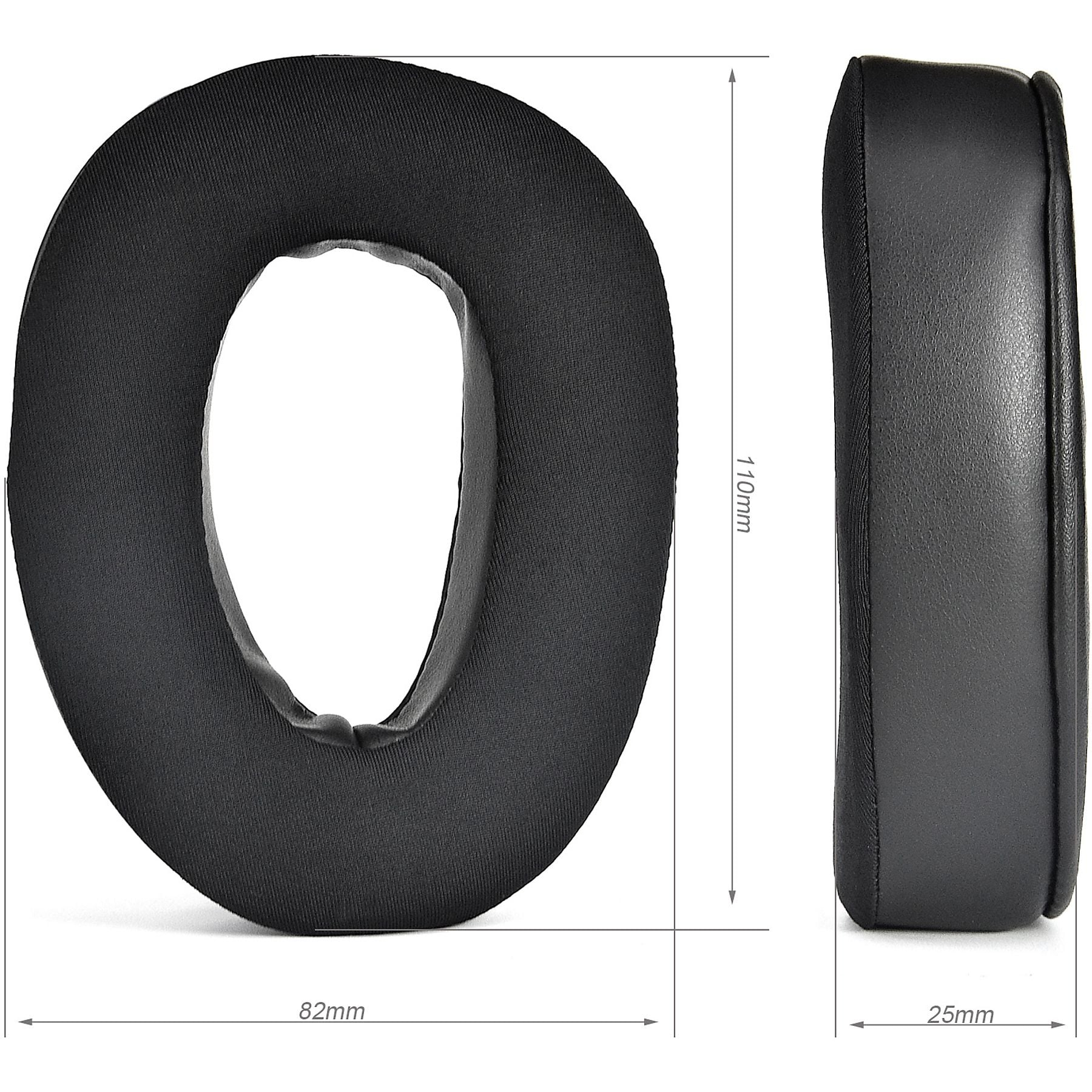 Schwarze Ohrpolster mit Maßen 82mm x 110mm x 25mm.
