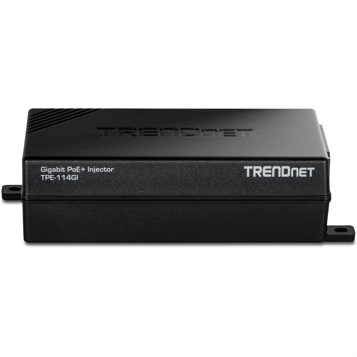 Schwarzer Gigabit PoE+ Injektor TPE-114GI von TRENDnet mit Befestigungslaschen.