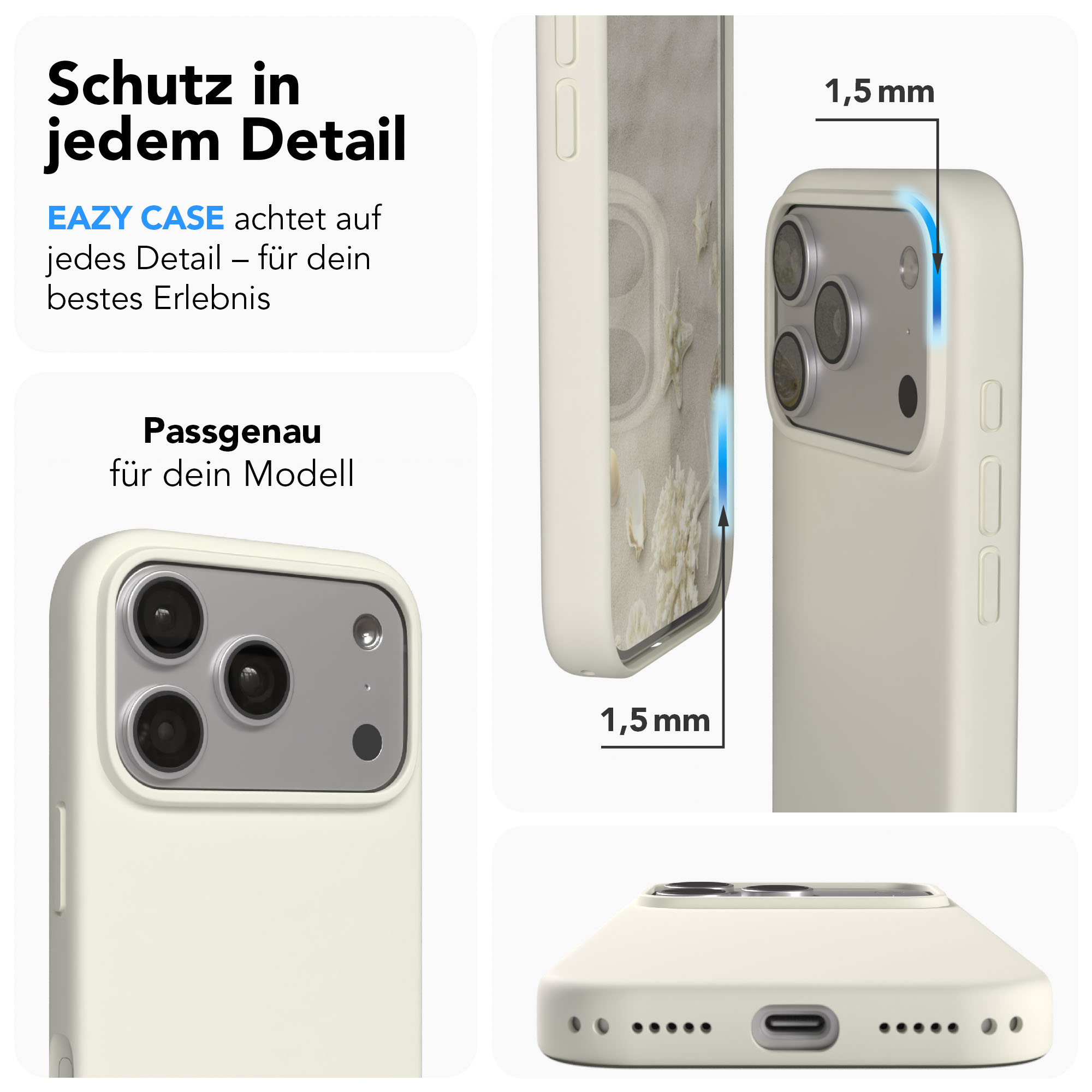 Eine cremefarbene Handyhülle zeigt Details wie Kamera, 1,5 mm Dicke und Anschlüsse.