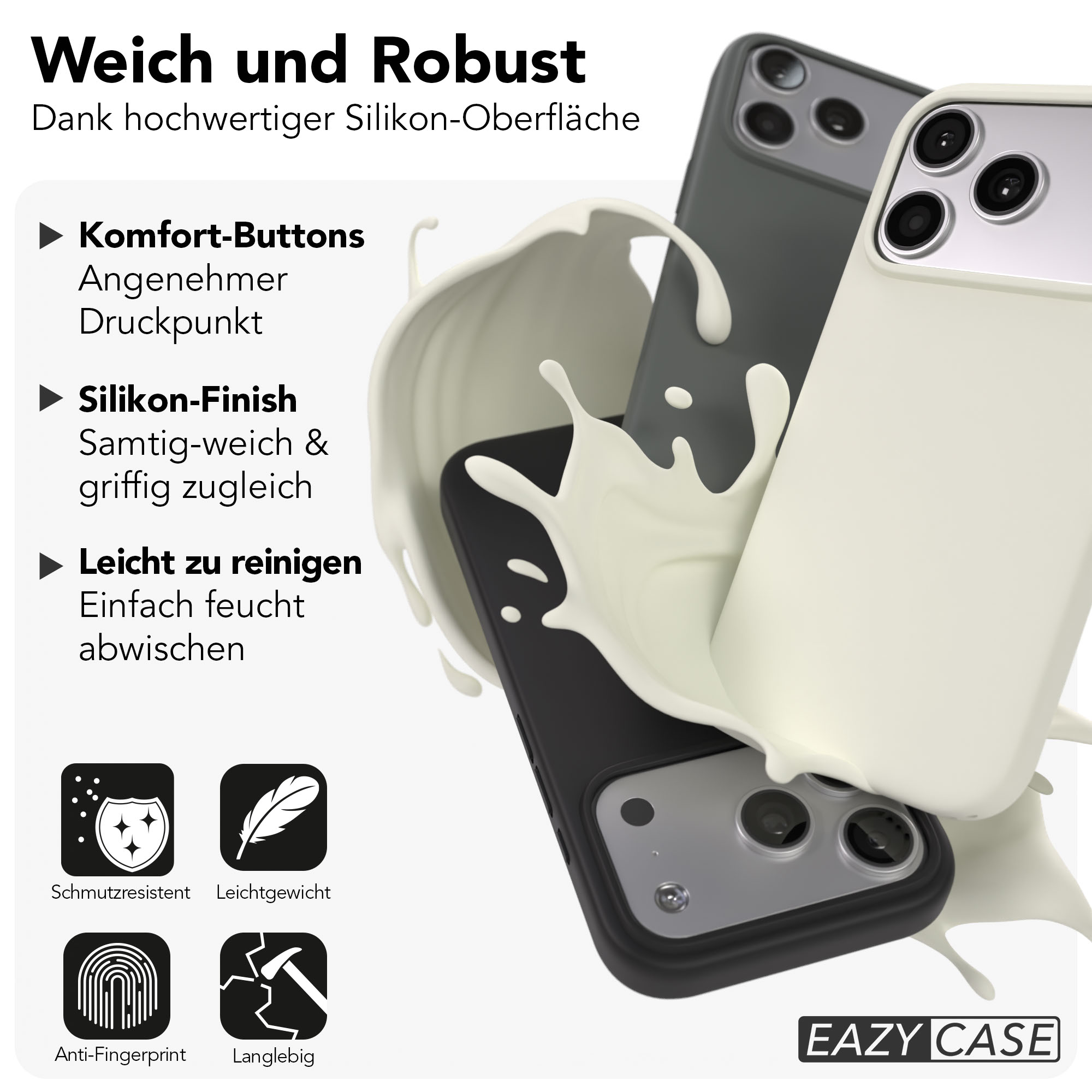 Zwei Handyhüllen in Creme und Grau, umspült von weißer Flüssigkeit.