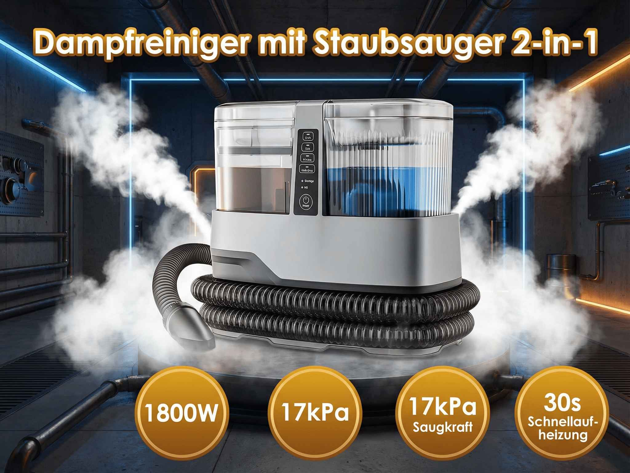 Ein 2-in-1 Dampfreiniger und Staubsauger mit 1800W Leistung und Schnellaufheizung.