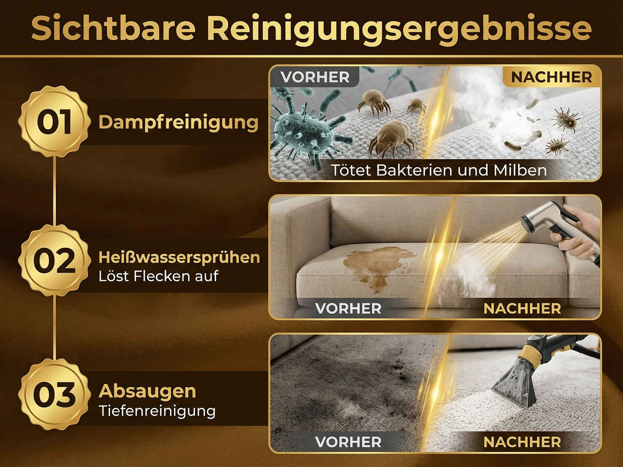 Vorher/Nachher-Bilder zeigen Dampfreinigung, Fleckenentfernung, Staubsaugen.