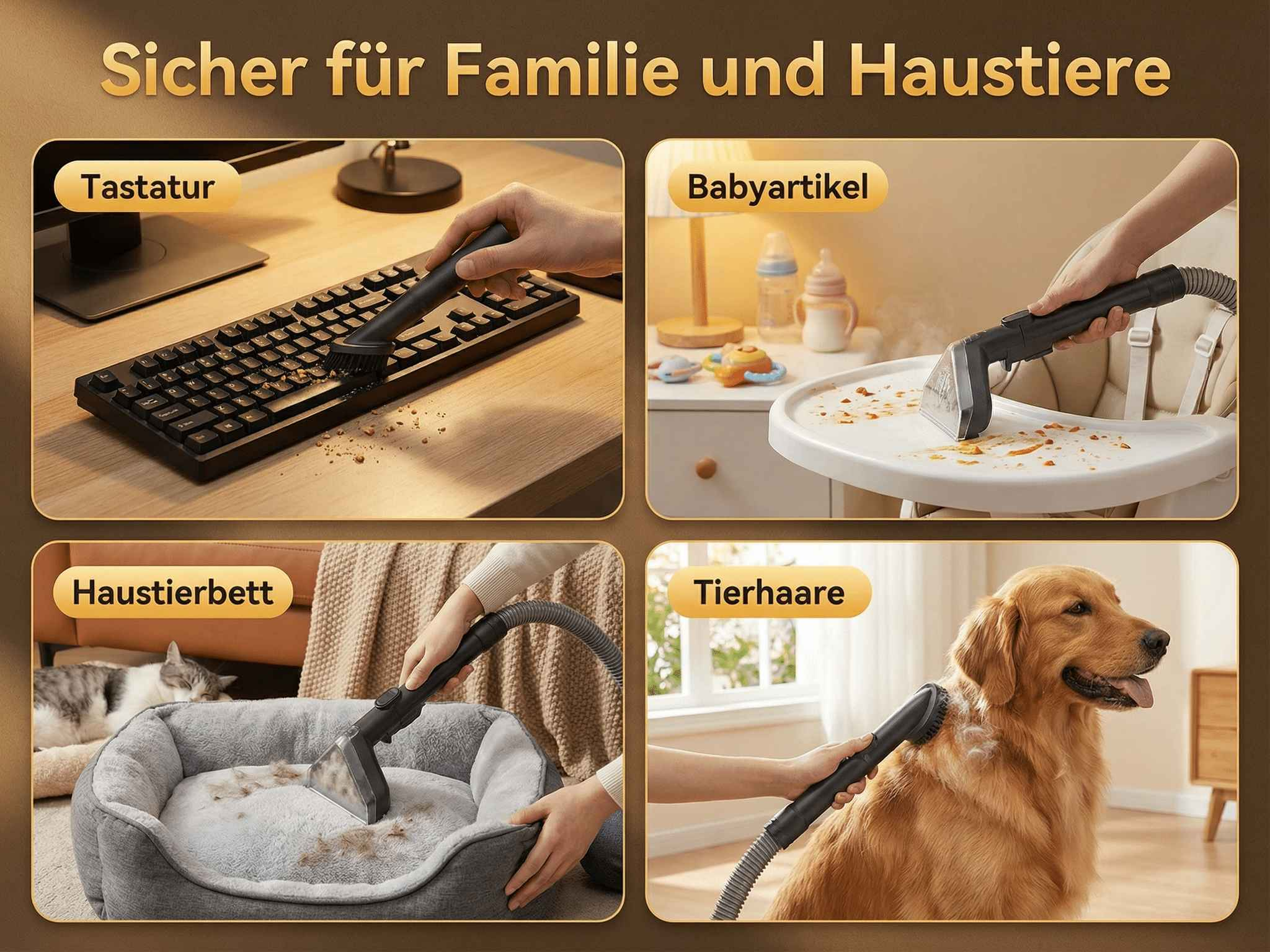 Reinigung von Tastatur, Babyartikel, Haustierbett und Hundefell mit einem Gerät.