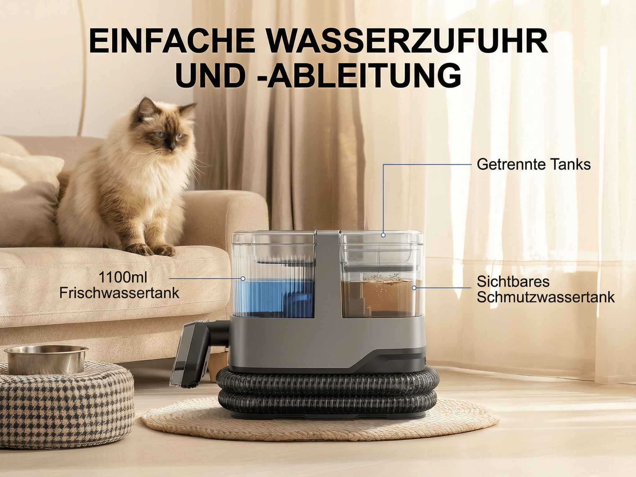 Eine Katze sitzt auf einem Sofa neben einem Nass-/Trockensauger mit zwei Tanks.