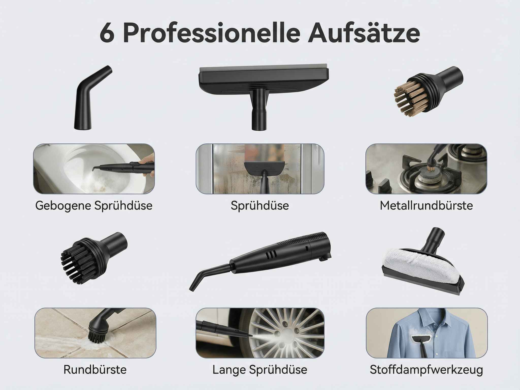 6 Aufsätze für Dampfreiniger: Düsen, Bürsten und Bügelaufsatz.