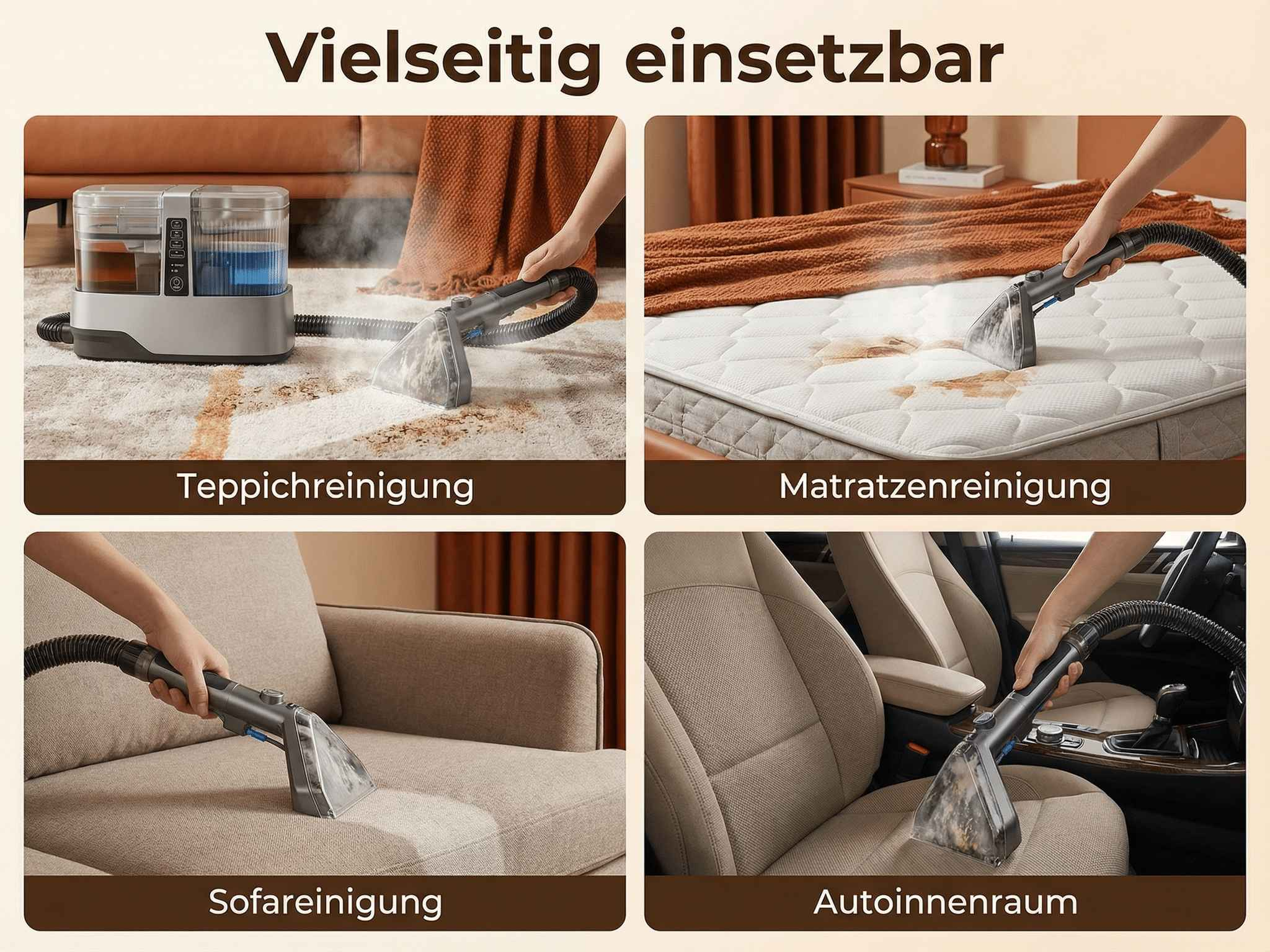 Vielseitig einsetzbar: Teppich-, Matratzen-, Sofa- und Autoinnenraumreinigung mit einem Gerät.