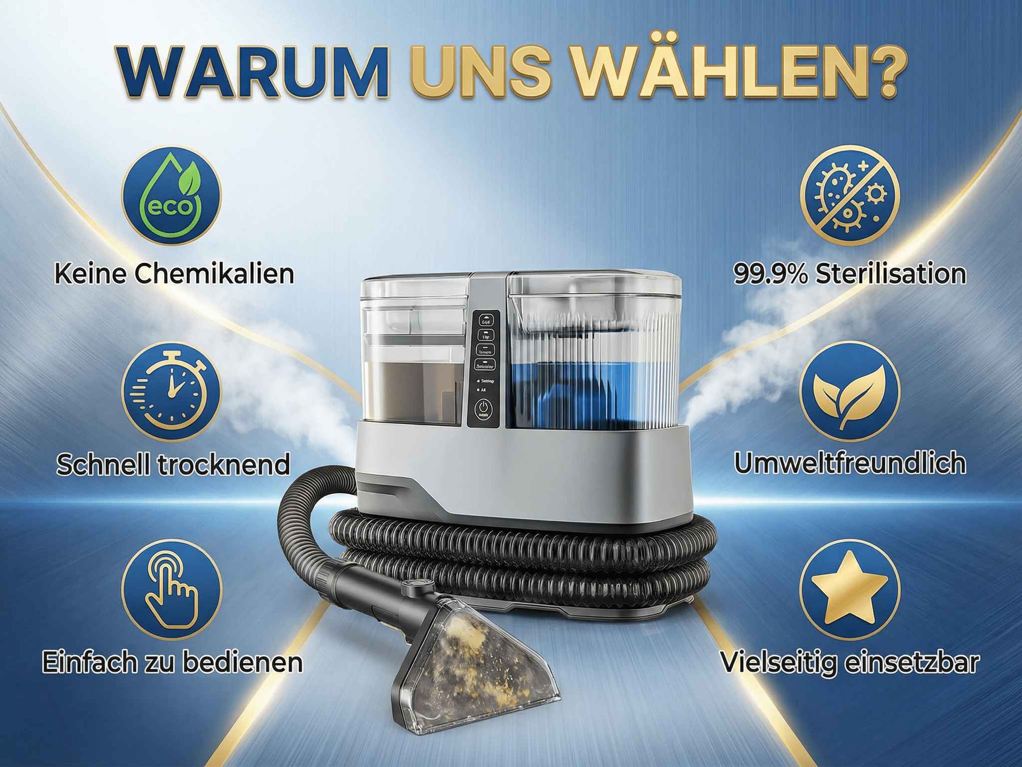 Ein Reinigungsgerät mit Schlauch und Aufsatz. Icons zeigen Vorteile wie Eco, Sterilisation.