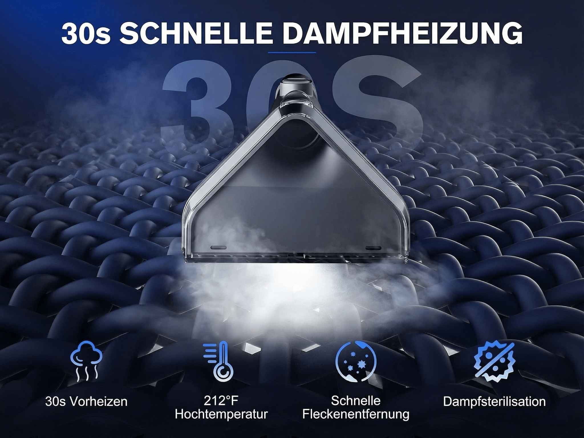 Dampfreiniger auf dunkelblauem Stoff mit Dampf. Icons: Vorheizen, Temperatur, Fleckenentfernung, Sterilisation.