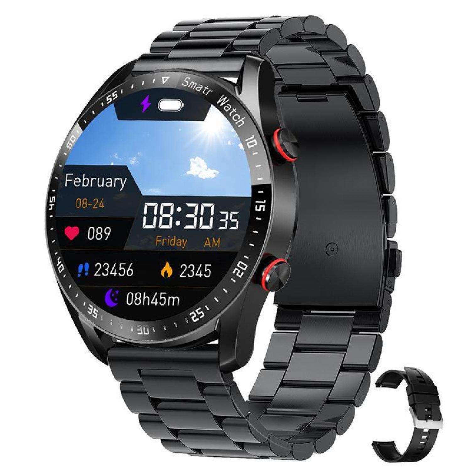 Schwarze Smartwatch mit Metallarmband, zeigt Datum, Uhrzeit und Herzfrequenz.