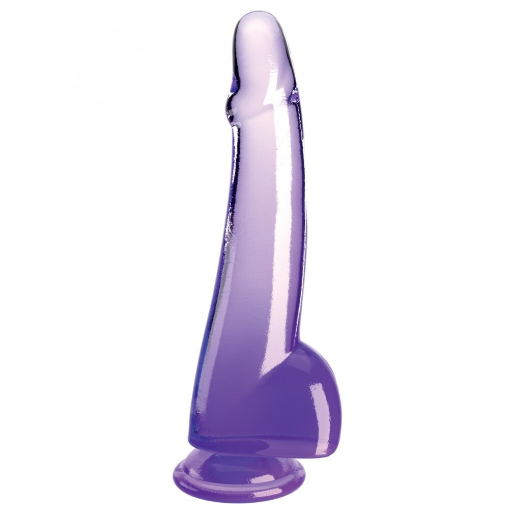 Ein transparenter, lilafarbener Dildo mit gebogener Form und breitem Sockel.