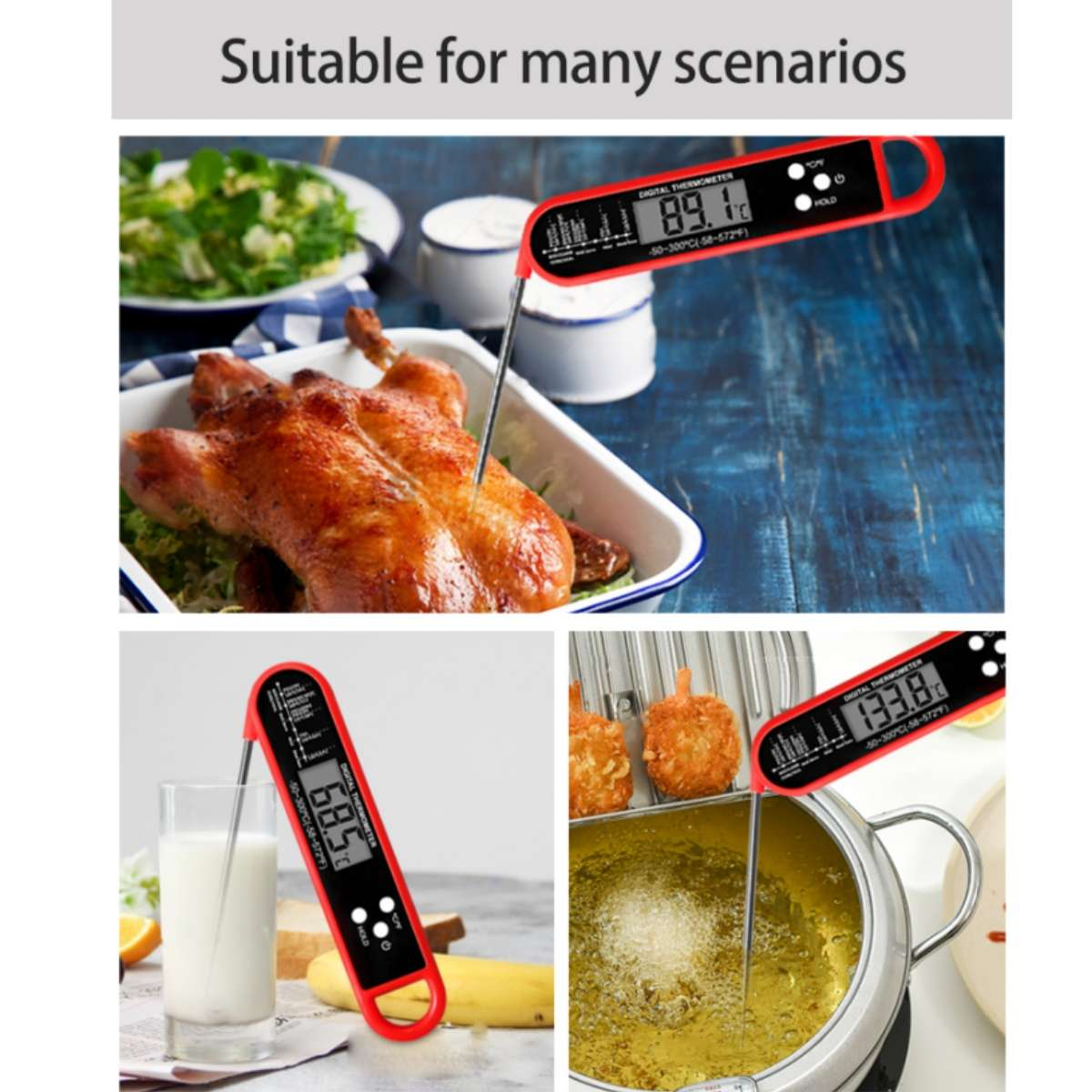 Digitales Thermometer misst Braten, Milch und Frittieröl. Geeignet für viele Szenarien.