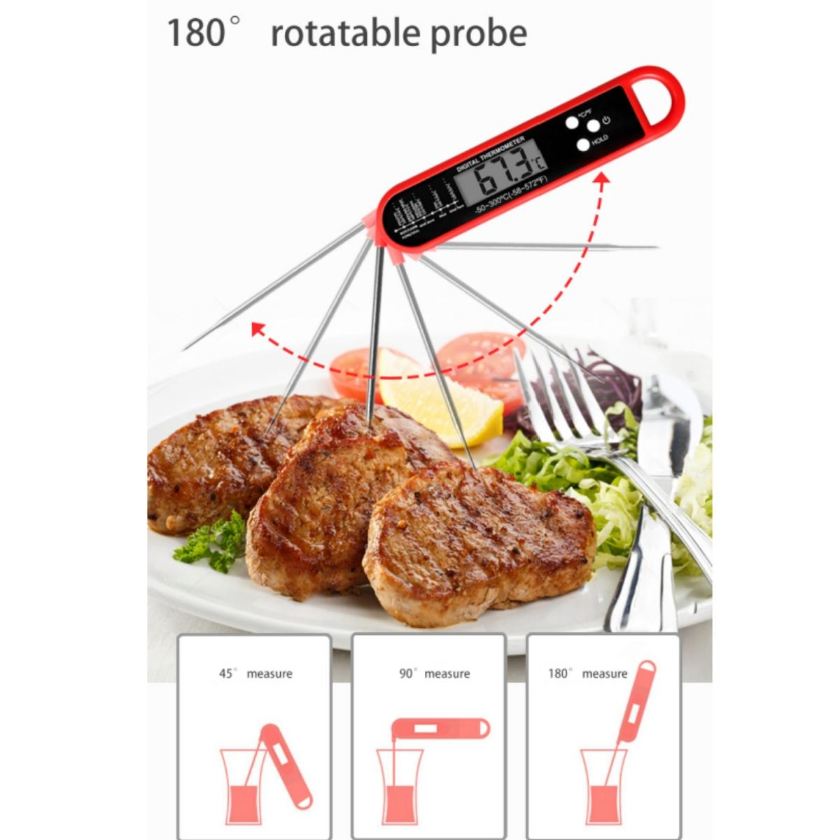 Digitales Fleischthermometer mit rotierbarer Sonde, das die Temperatur von Speisen misst.