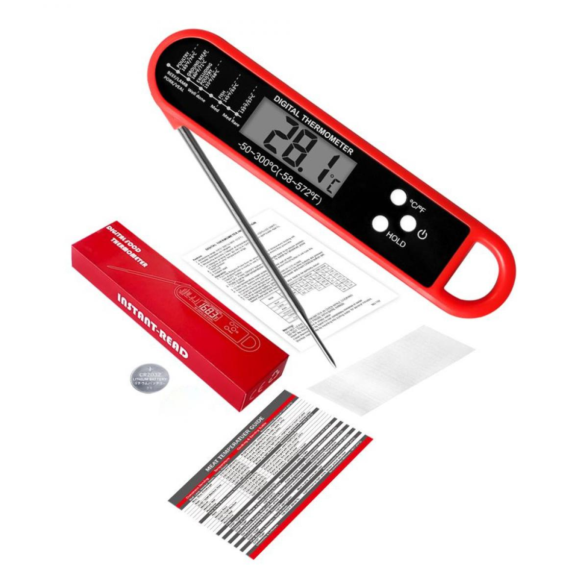 Ein rotes Digitalthermometer mit Metallsonde, Anleitung und Batterie.