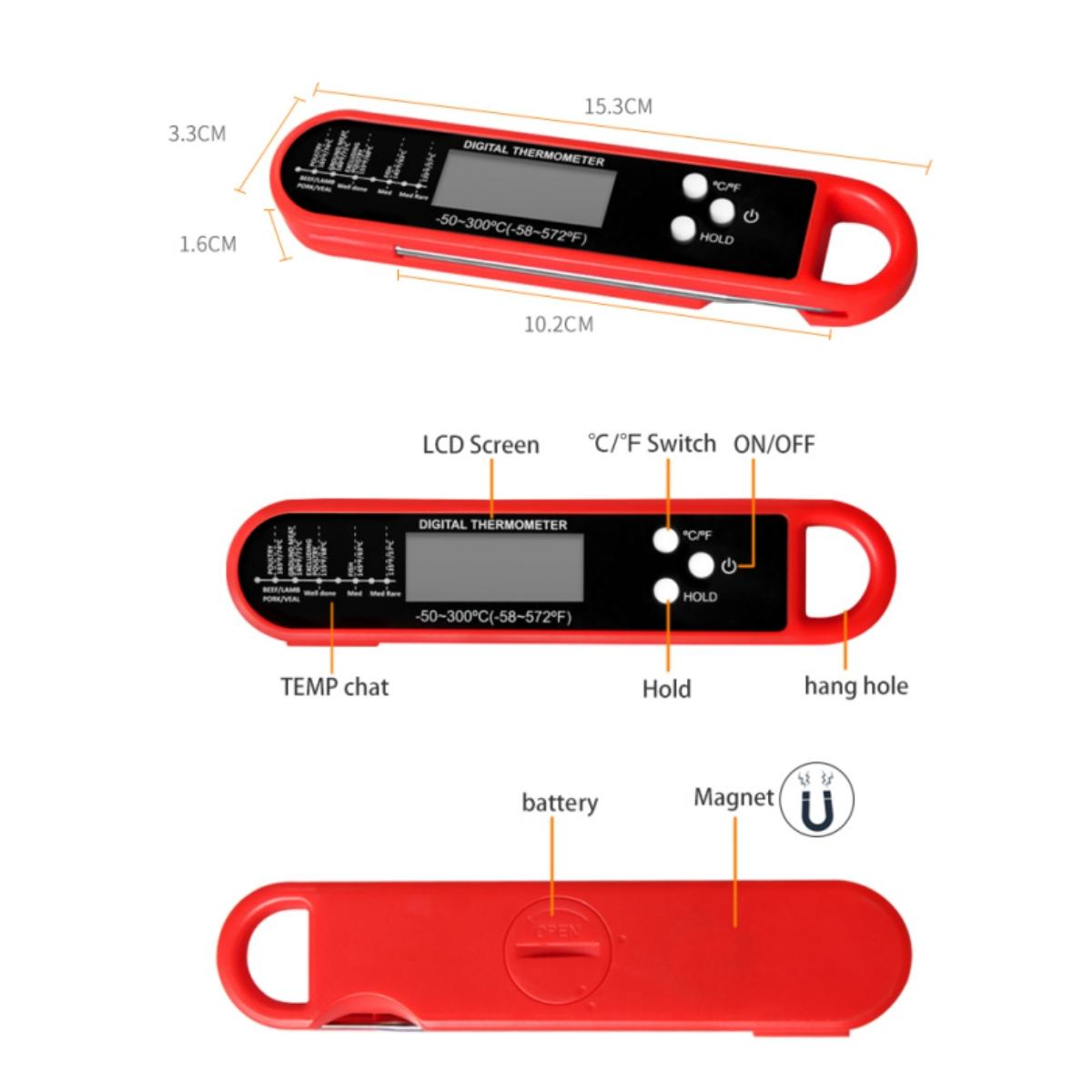 Ein rotes Digitalthermometer mit LCD-Bildschirm, Tasten und einem Haken.