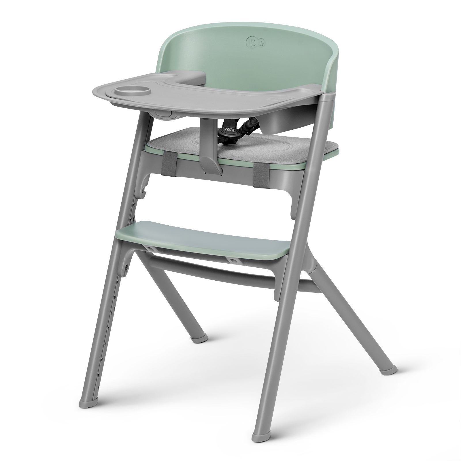 Ein faltbarer Hochstuhl in Grau und Mintgrün mit Tablett und Sitzkissen.