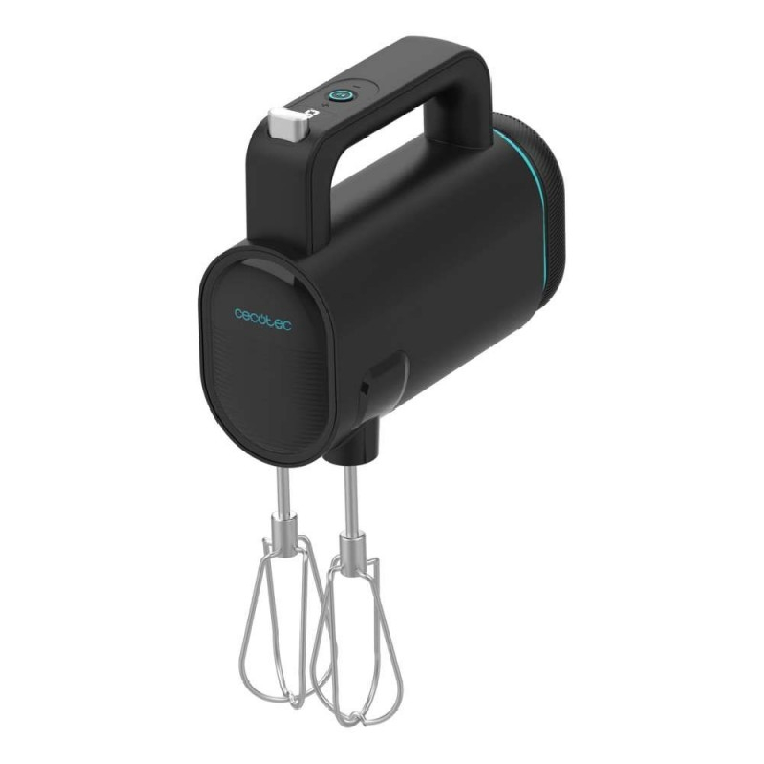 Sbattitore elettrico nero con due fruste, anello blu e pulsanti di controllo.
