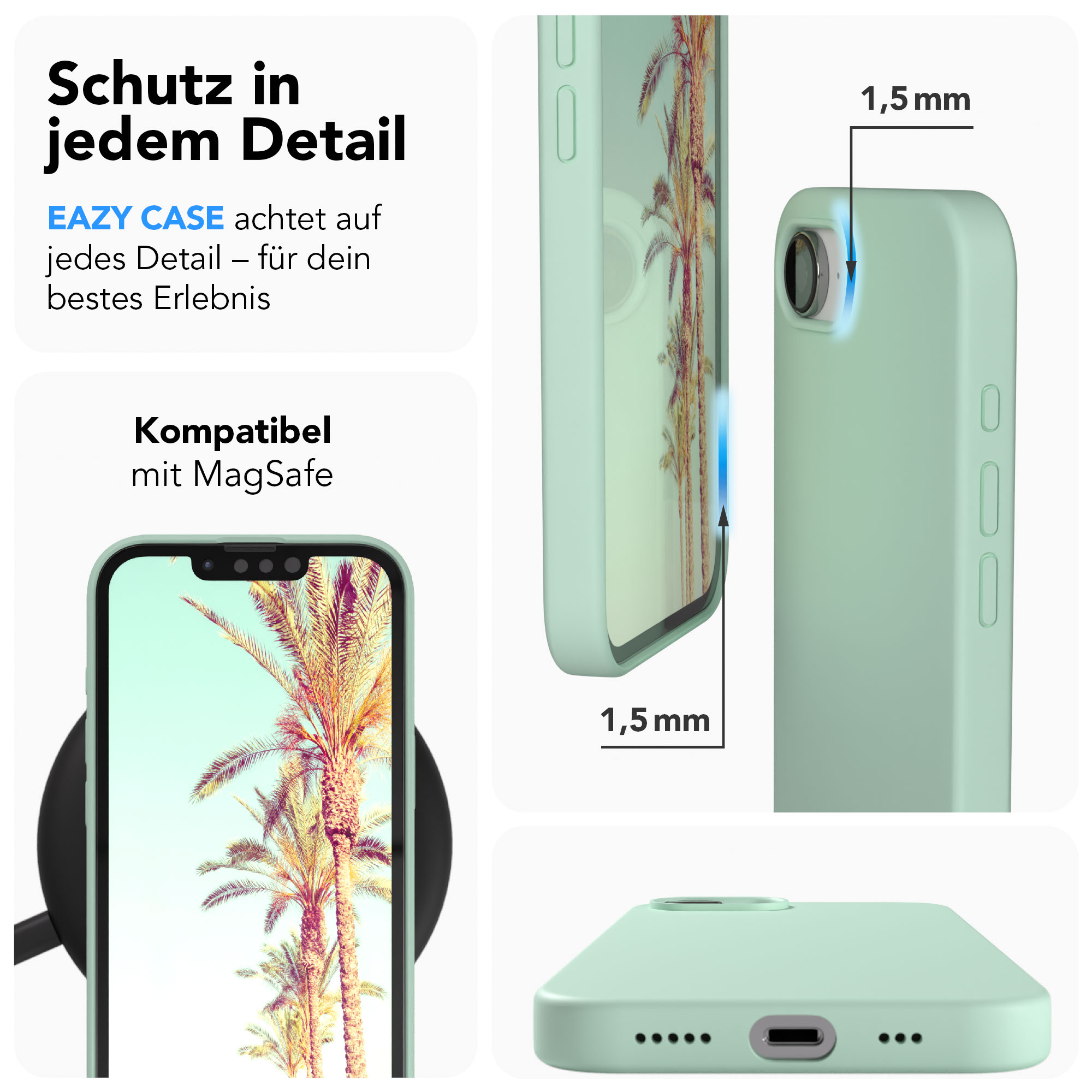 Hellgrüne Handyhülle mit Palmenmotiv. Zeigt Details wie 1,5mm Dicke.