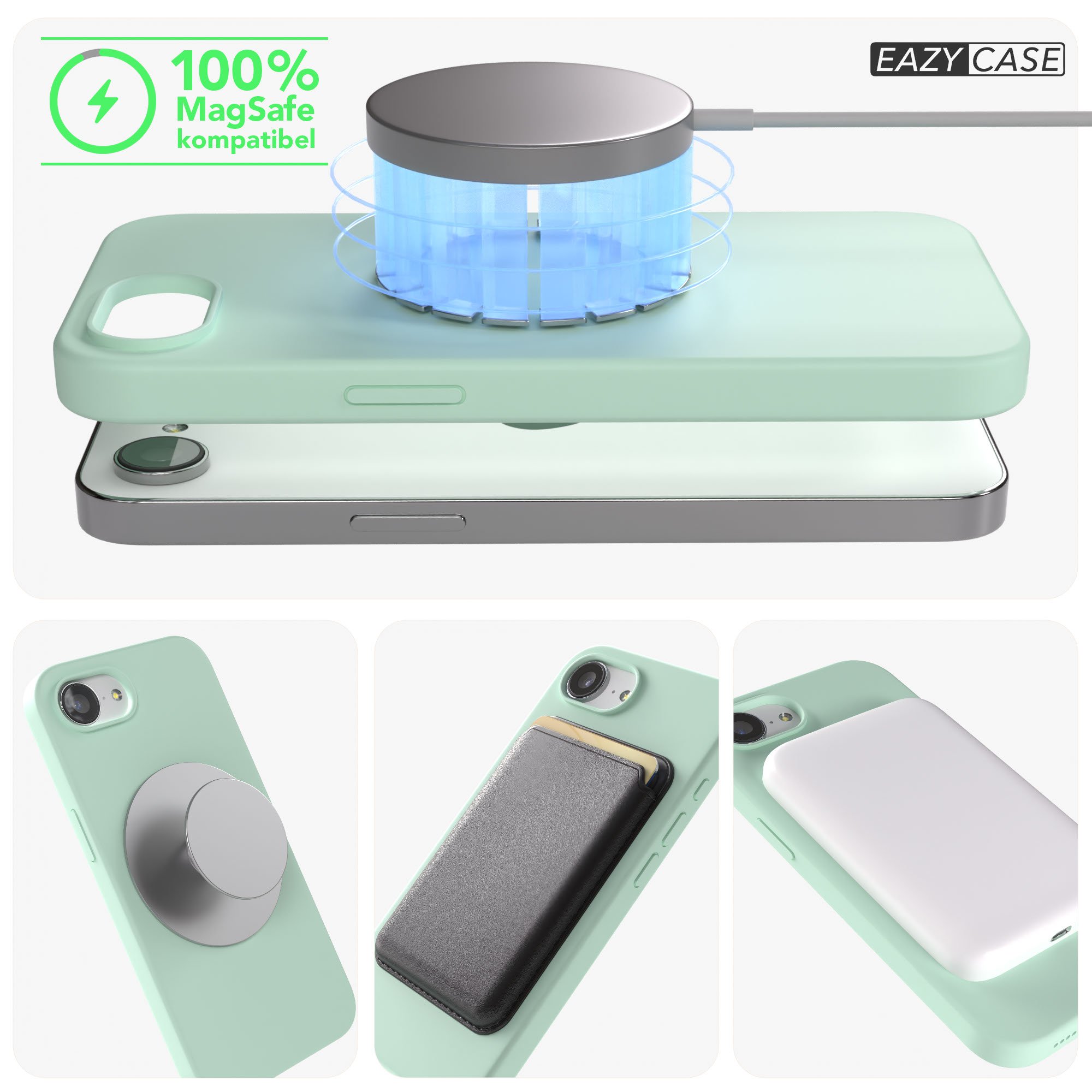 Ein hellgrünes Handy mit MagSafe-Ladegerät, Kartenhalter und Griff.