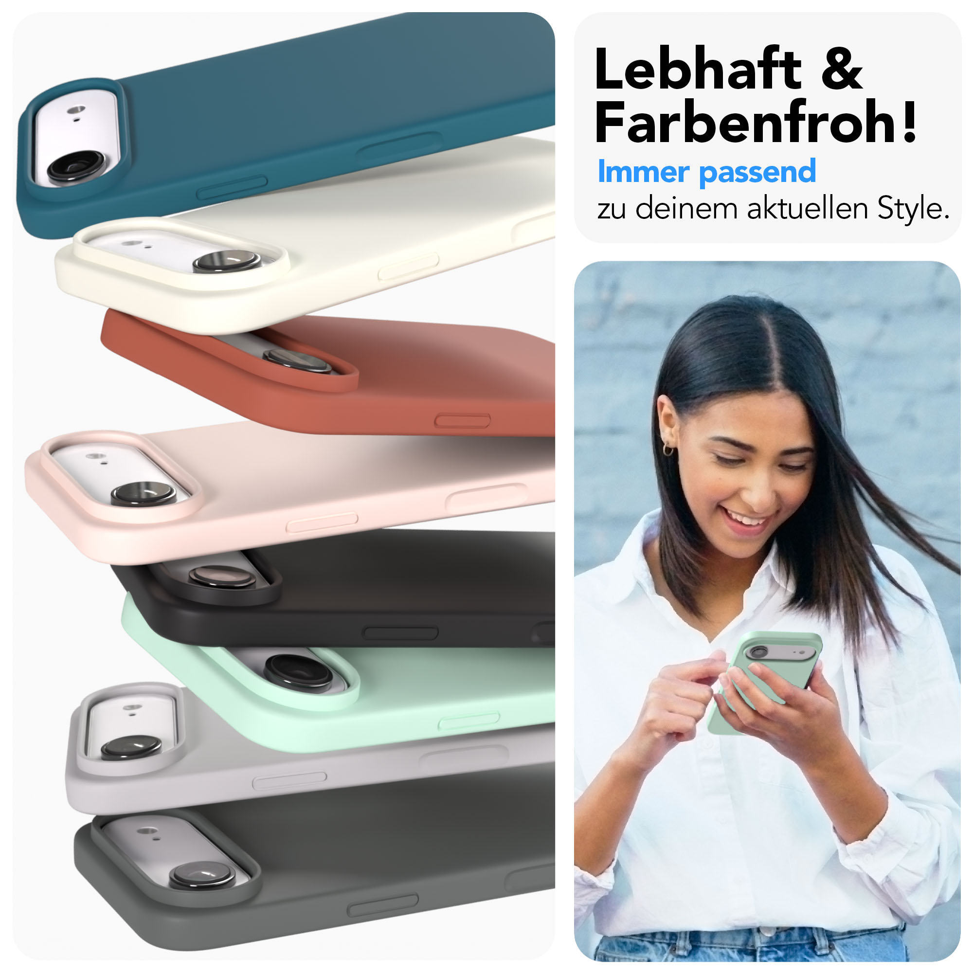 Mehrere Handyhüllen in verschiedenen Farben auf einer weißen Fläche.