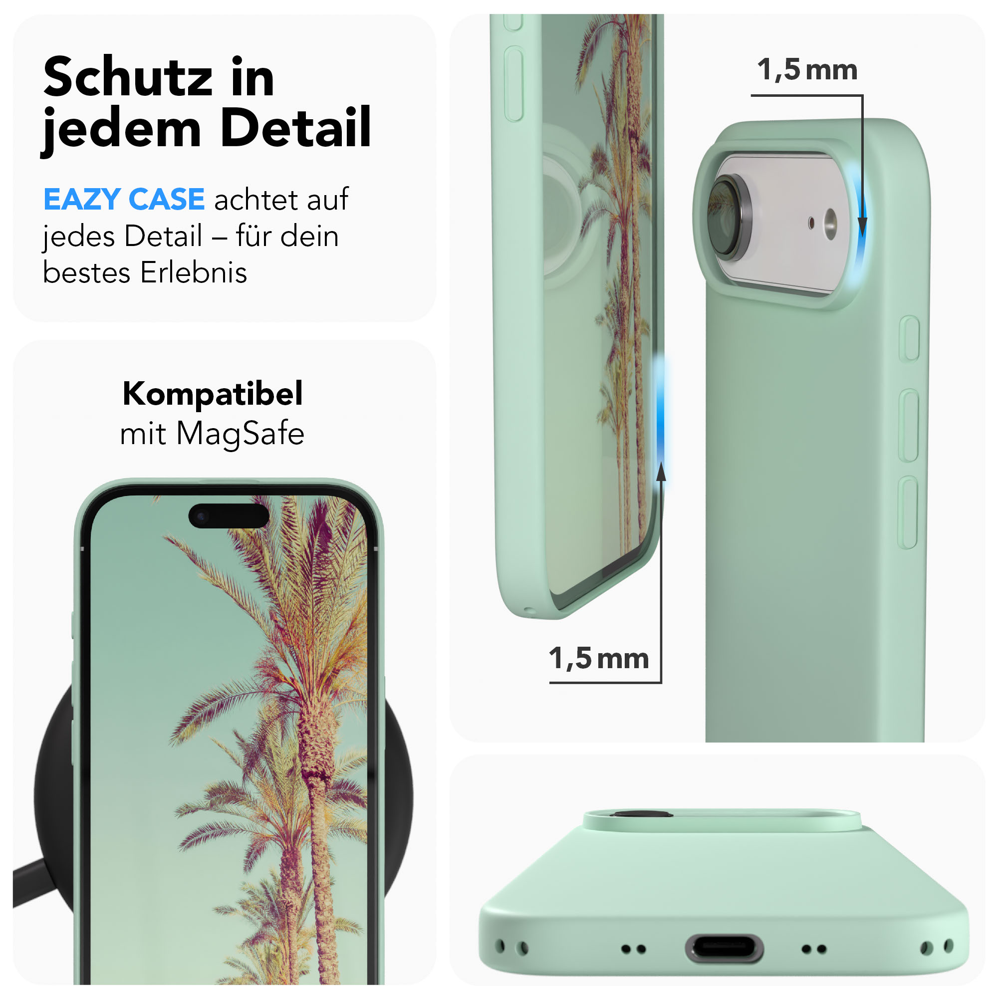 Hellgrüne Handyhülle mit Palmenmotiv. Zeigt 1,5mm Kanten und MagSafe-Kompatibilität.