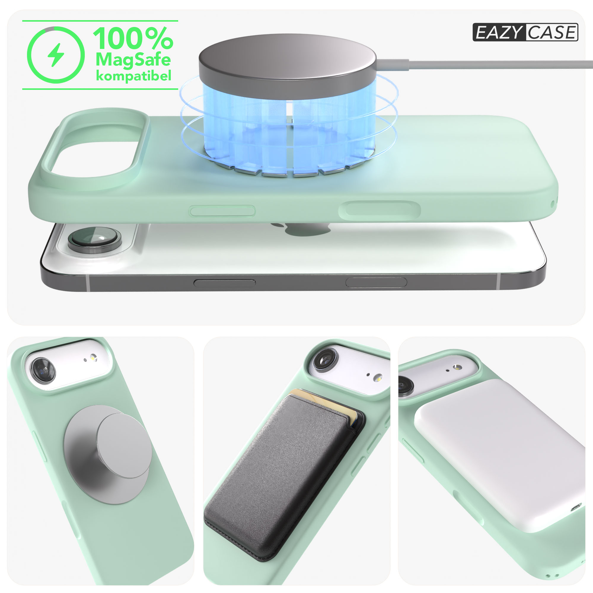 Ein hellgrünes iPhone mit MagSafe-Ladegerät und Zubehör.