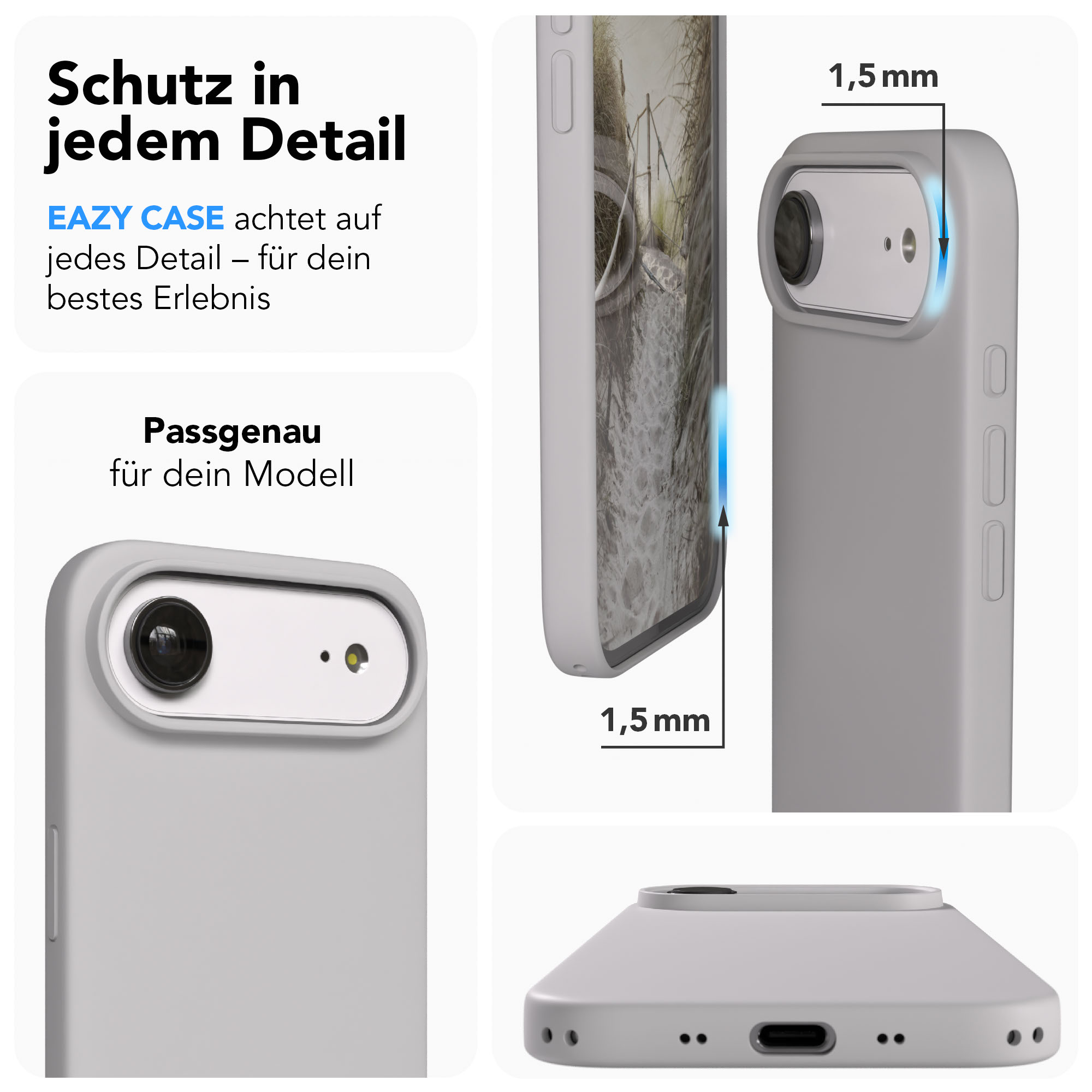 Graue Handyhülle mit Fokus auf Schutz und Passform. Zeigt Kantenmaß von 1,5mm.