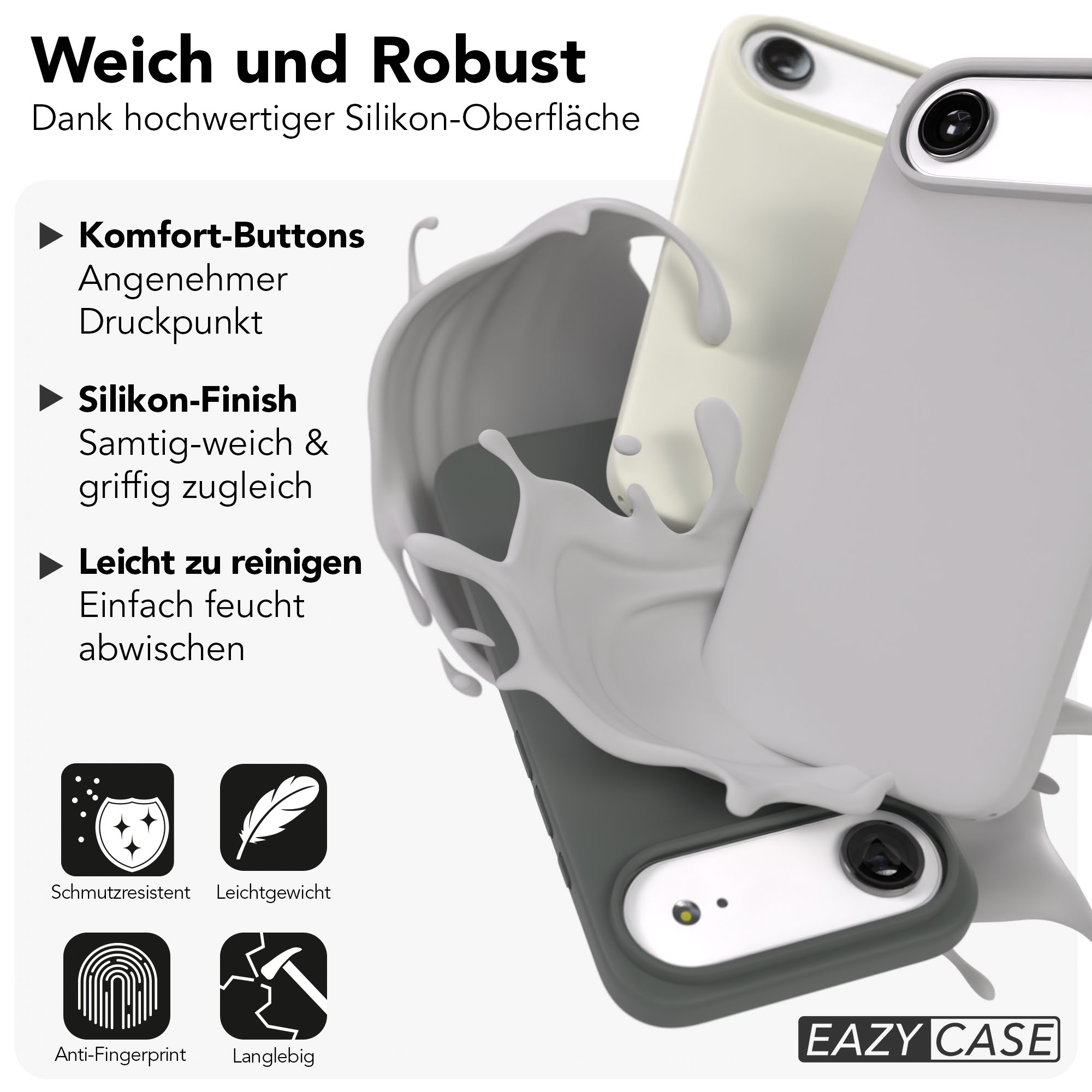 Drei weiche Silikonhüllen in verschiedenen Farben mit einem Wasserspritzer-Effekt.
