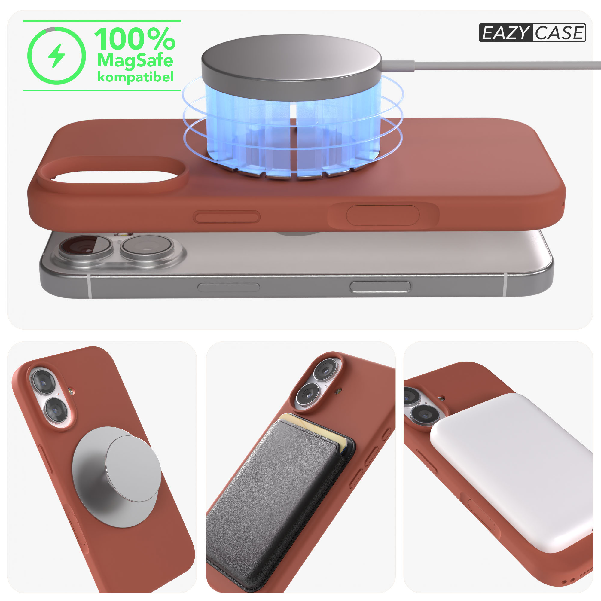Ein Handy mit Hülle und MagSafe-Ladegerät. Zubehörteile sind zu sehen.