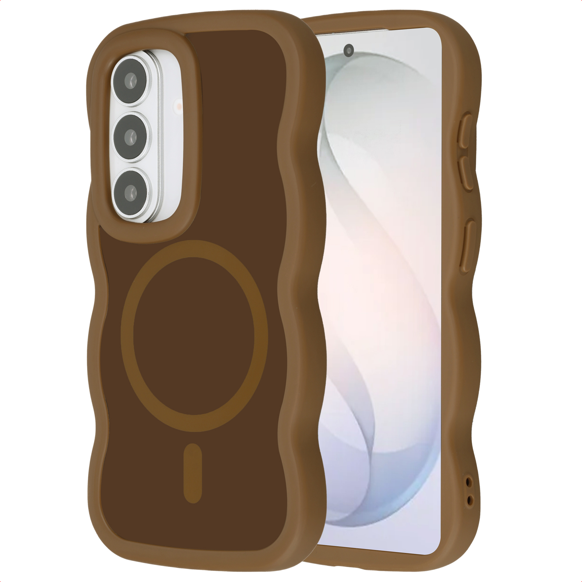 Bruine golvende telefoonhoes met drie cameralenzen en magneetring.