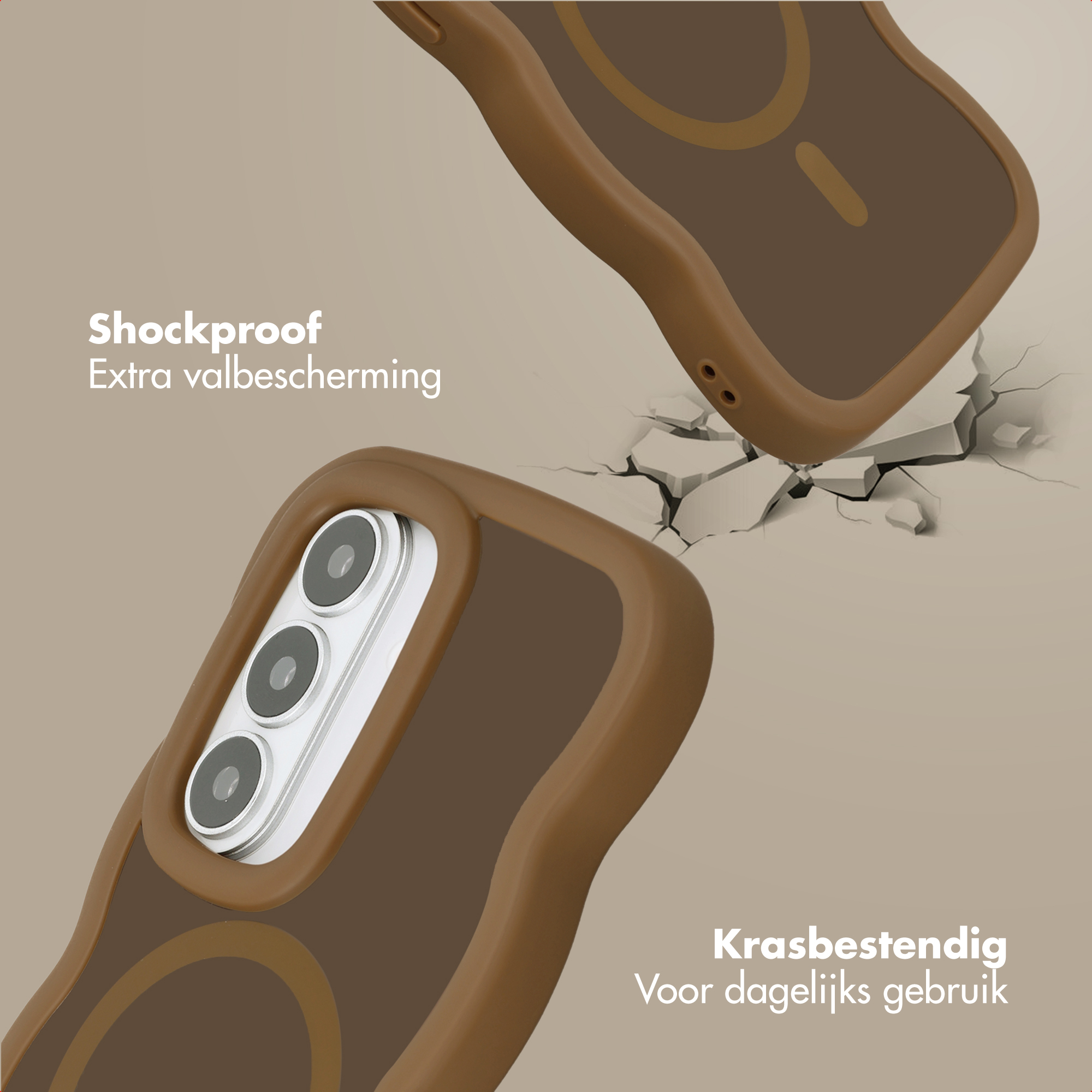 Bruine telefoonhoesjes vallen op een gebarsten oppervlak.