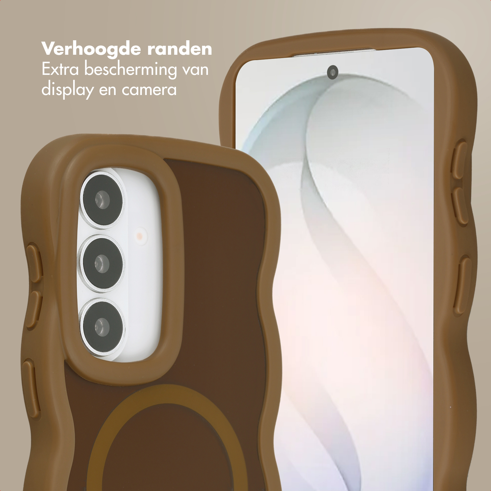 Bruine telefoonhoes met verhoogde randen en camera-uitsparing.