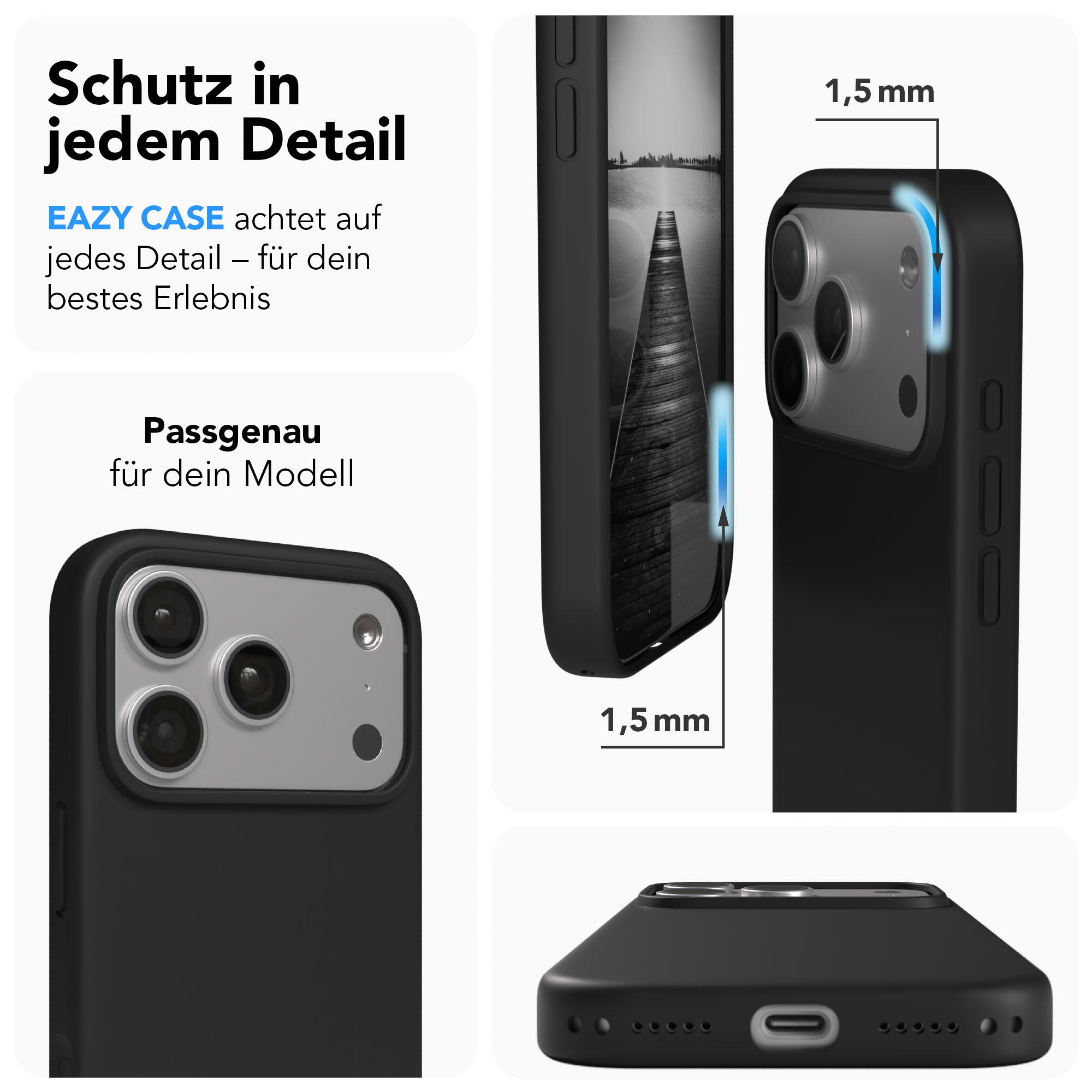 Schwarze Handyhülle zeigt 1,5mm Schutzrand, Kamera und Ladeanschluss.