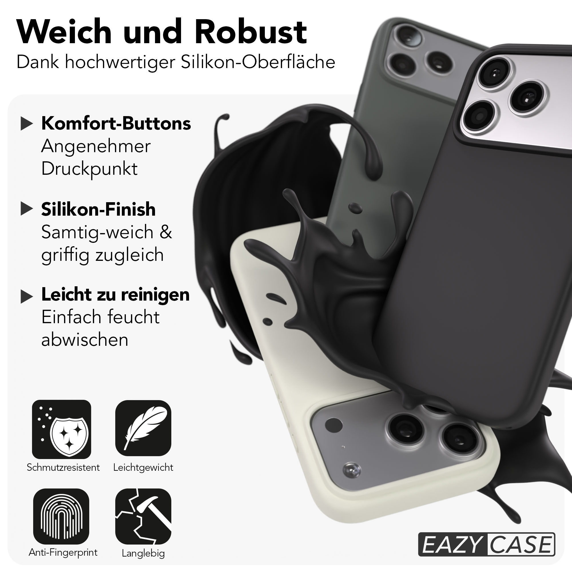 Mehrere bunte Handyhüllen mit schwarzer Flüssigkeitsspritzern.