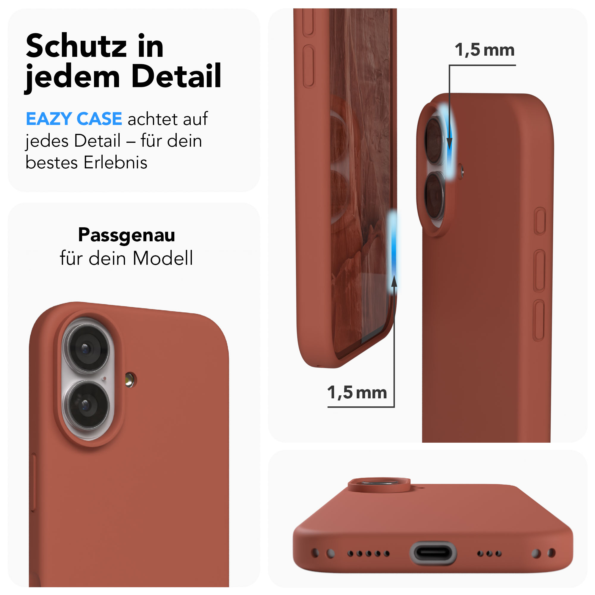 Braune Handyhülle zeigt 1,5mm Dicke, Kamera und Ladeanschluss.