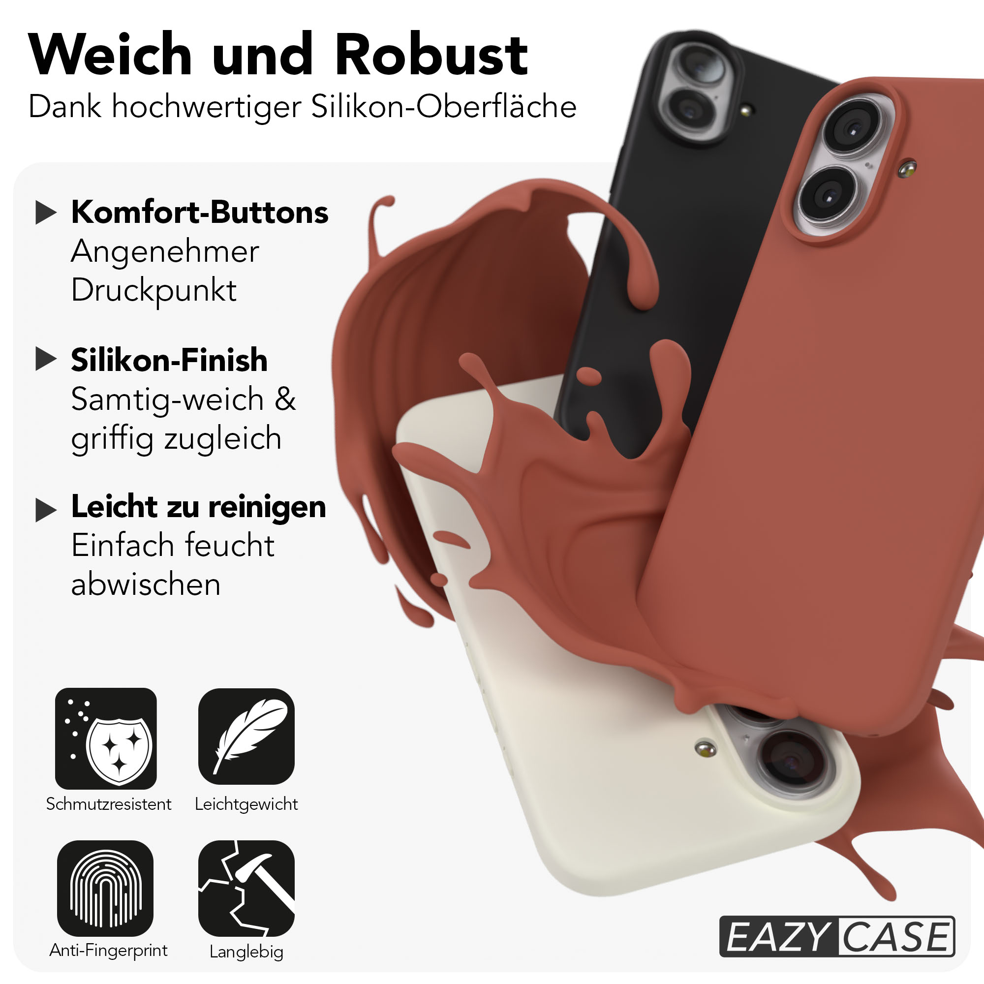 Drei Handyhüllen in verschiedenen Farben, umgeben von flüssiger brauner Farbe.
