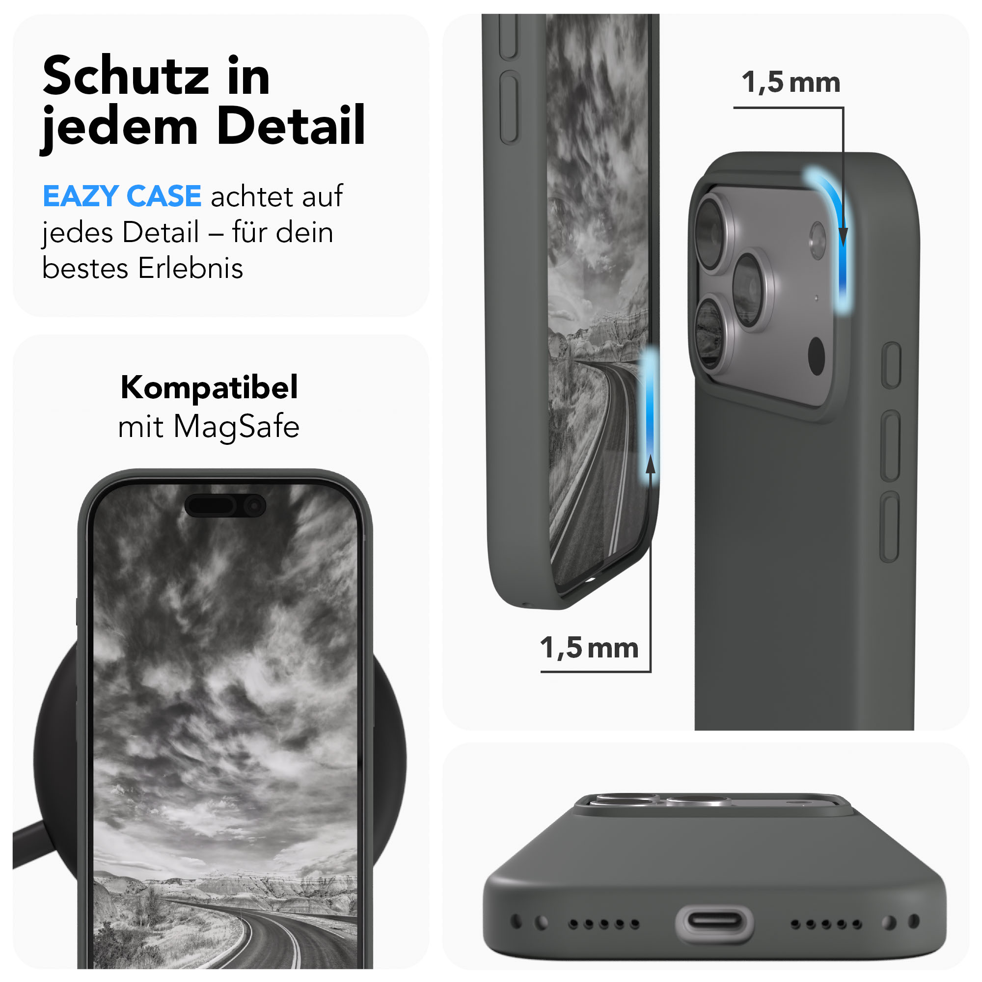 Dunkelgraue Handyhülle mit Kamera-Ausschnitt, Maßen und MagSafe-Kompatibilität.
