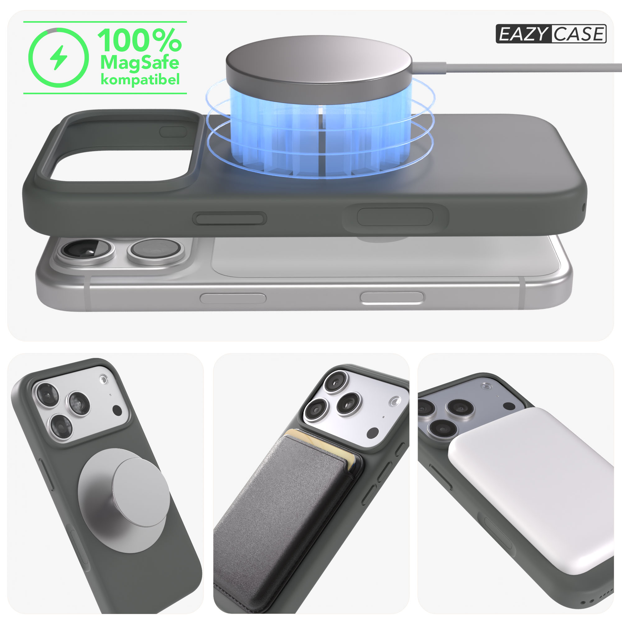 Graue Handyhülle mit MagSafe-Ladegerät, Geldbeutel und Powerbank.