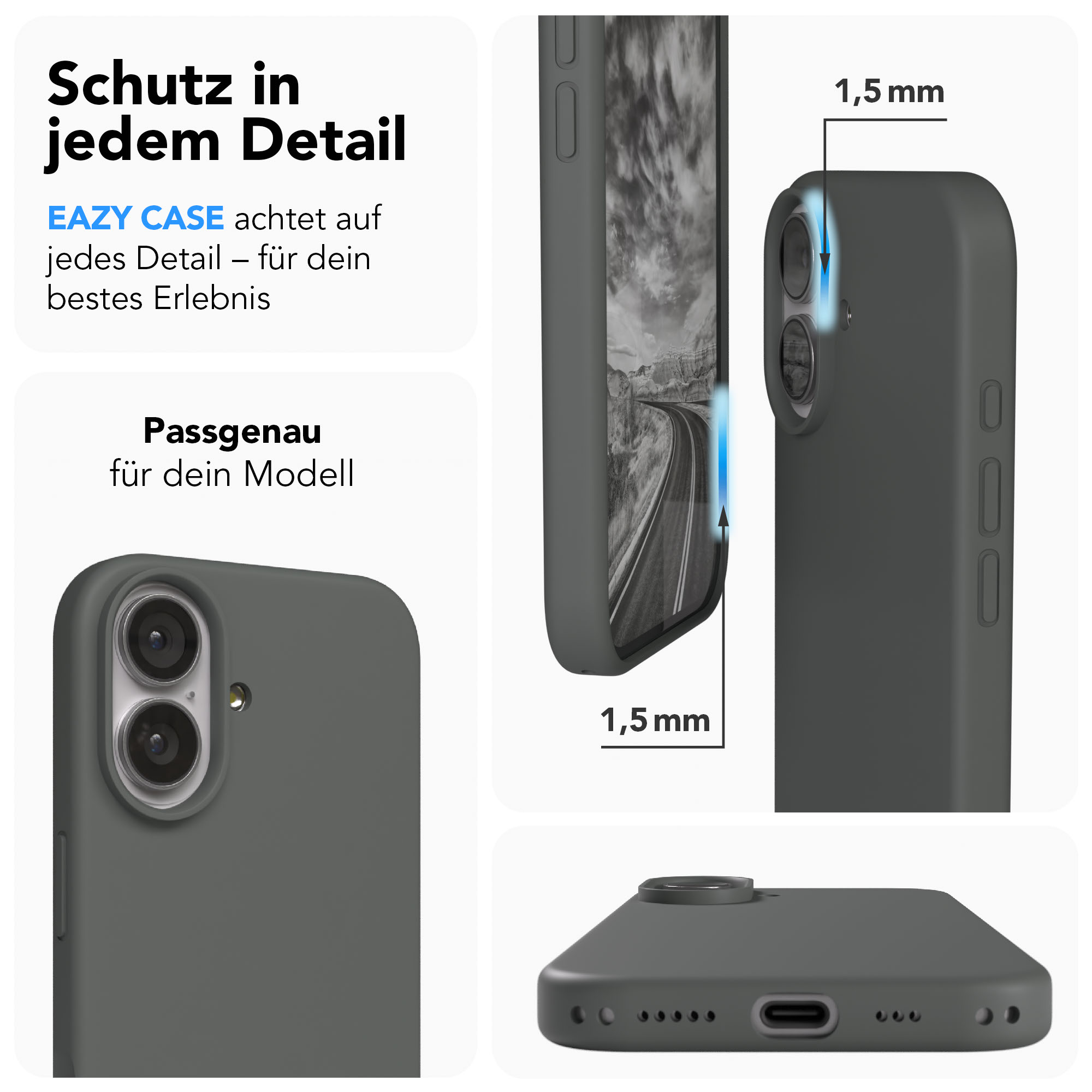 Graue Handyhülle mit Kameraausschnitt und Ladeanschluss. Detailansichten.