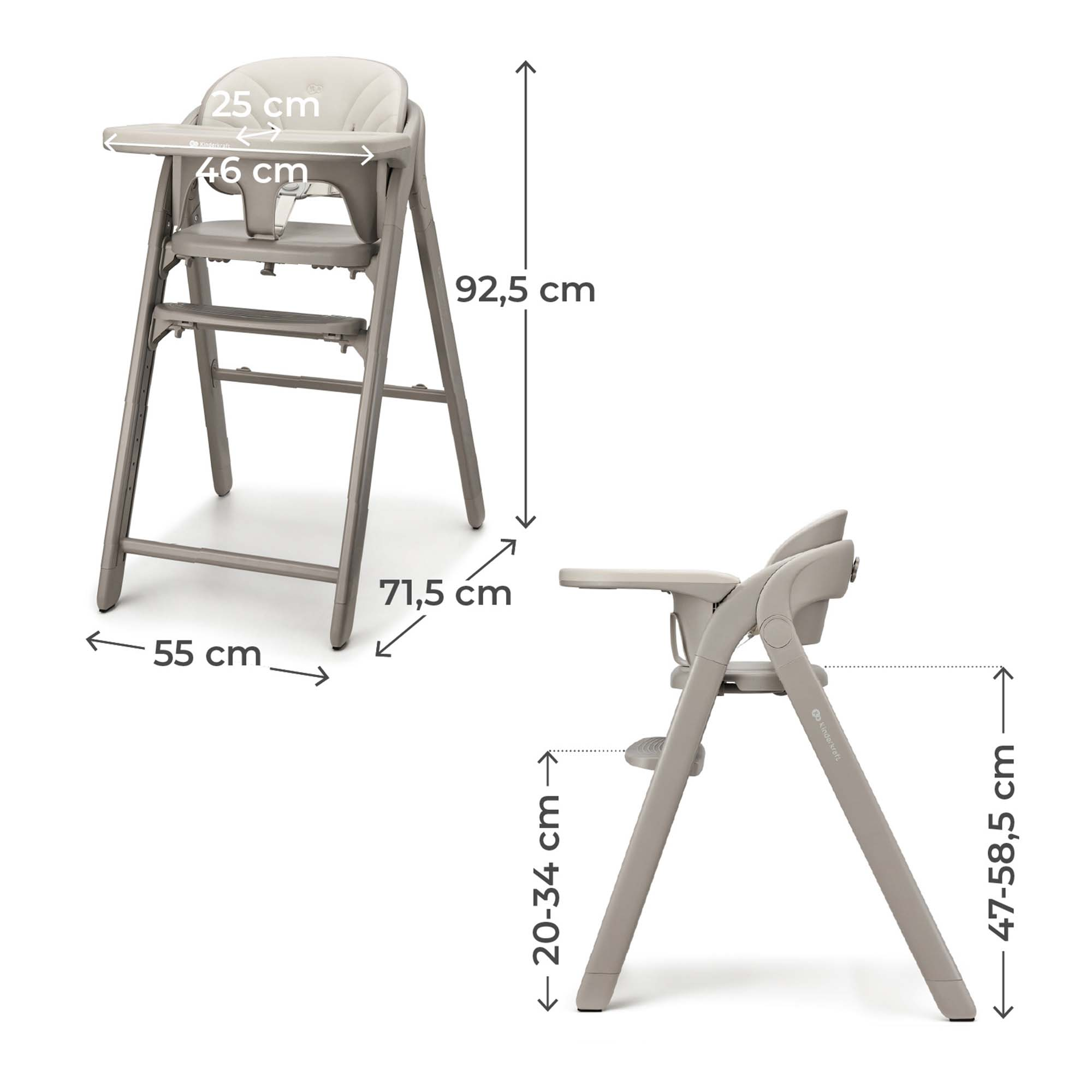 Ein beiger Hochstuhl mit Maßen, Gesamtbreite 55cm, Höhe 92,5cm.