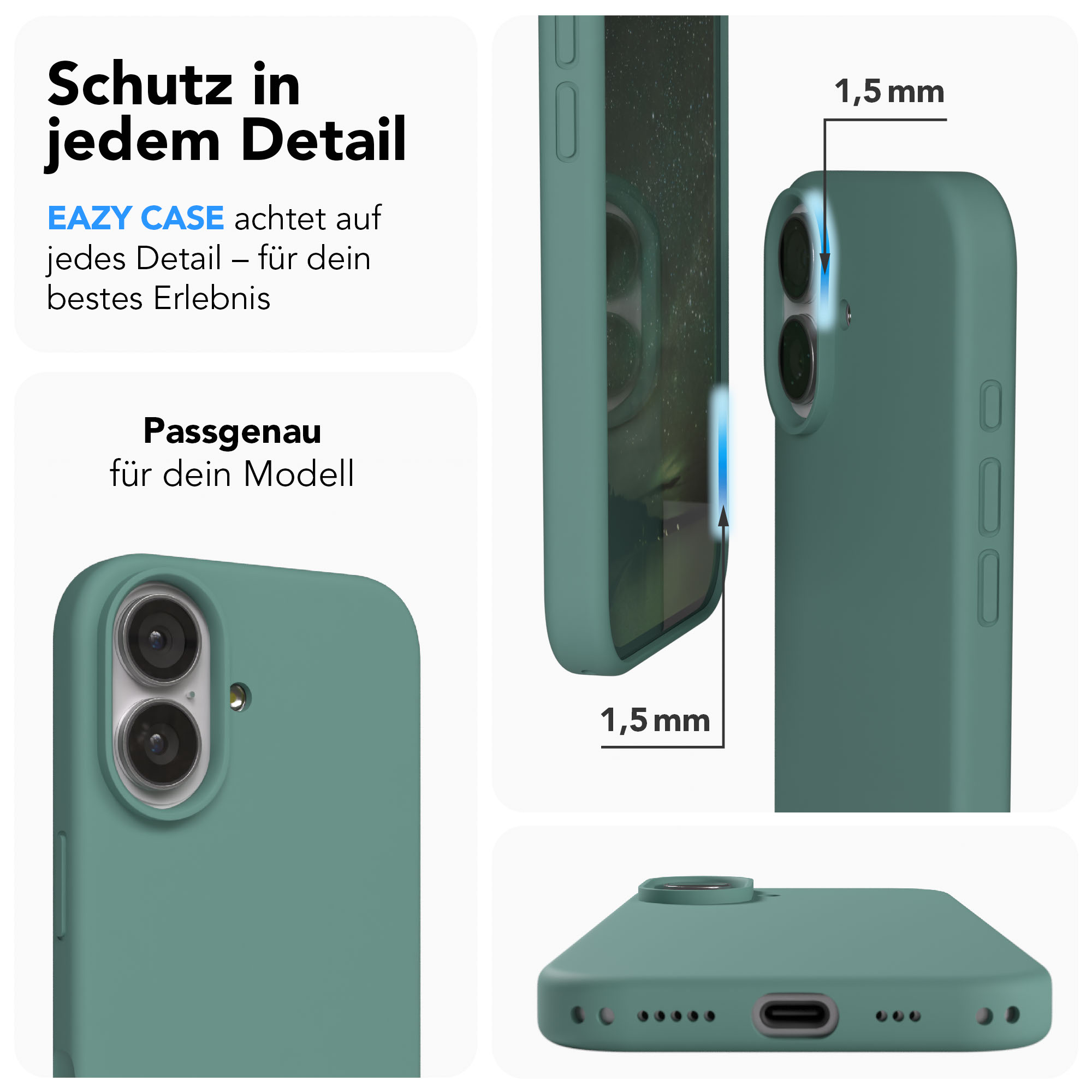 Grüne Handyhülle zeigt Kameras, Anschlüsse und 1,5mm Dicke.