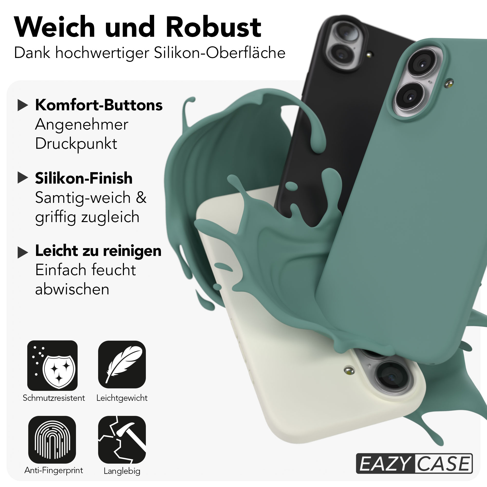 Drei Handyhüllen: weiß, schwarz, grün, mit grüner Flüssigkeit. Icons für Schutz, Feder, Fingerabdruck, Hammer.