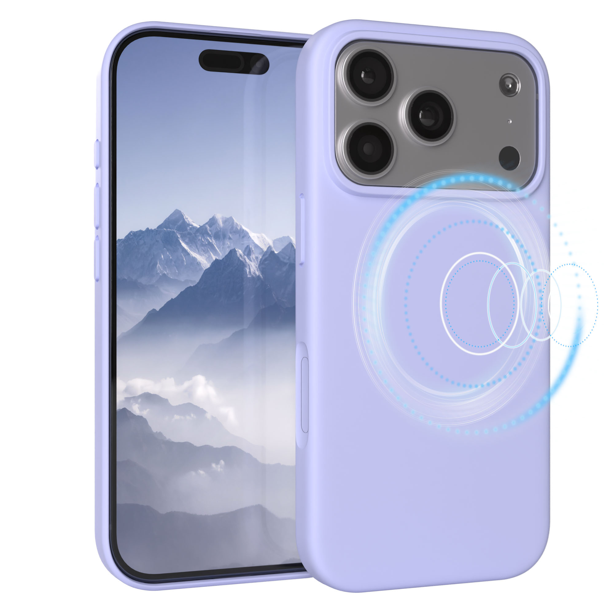 Ein lila Handy mit einem Bergmotiv auf dem Bildschirm und Kameras auf der Rückseite.