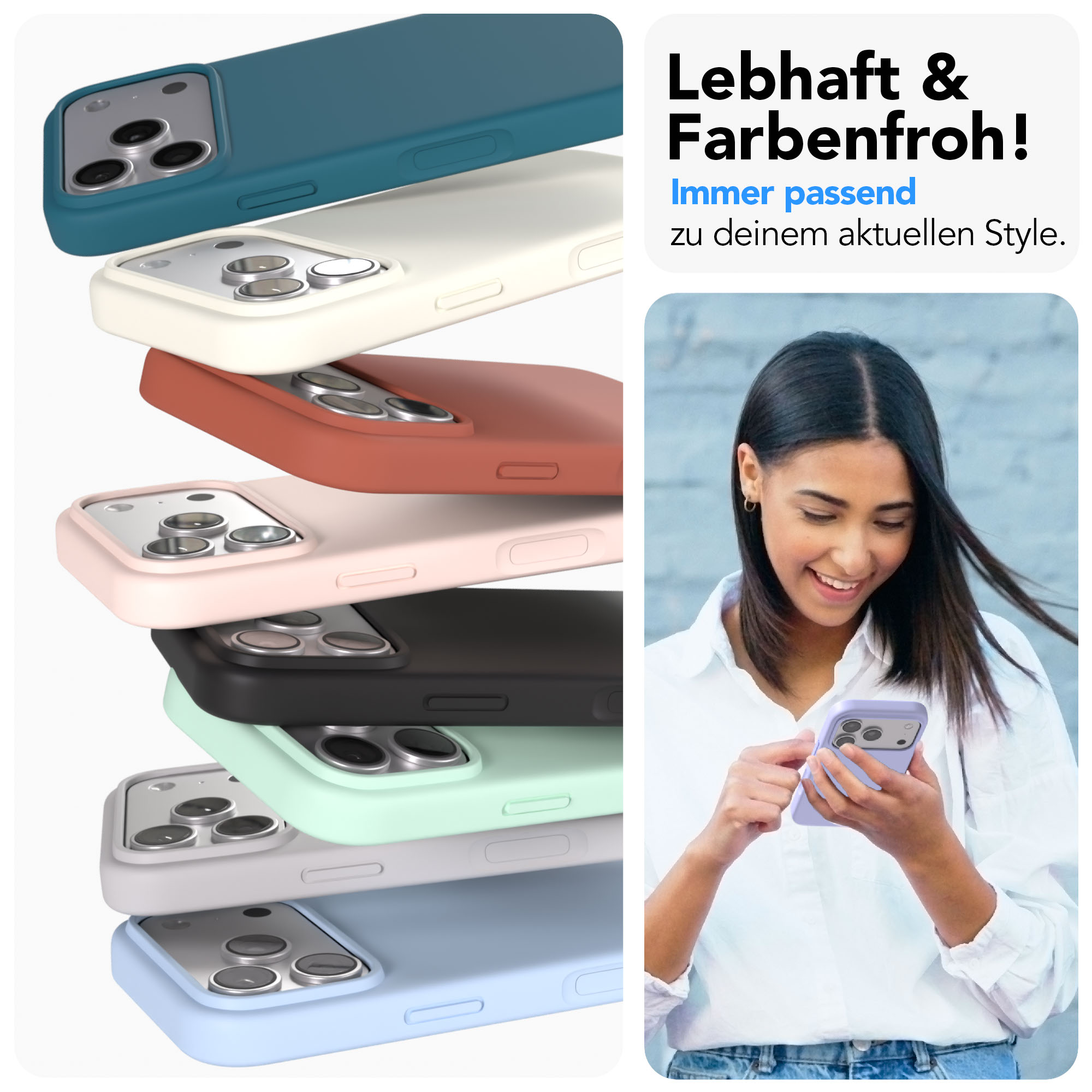 Bunte Handyhüllen stapeln sich, daneben eine Frau mit lila Hülle.