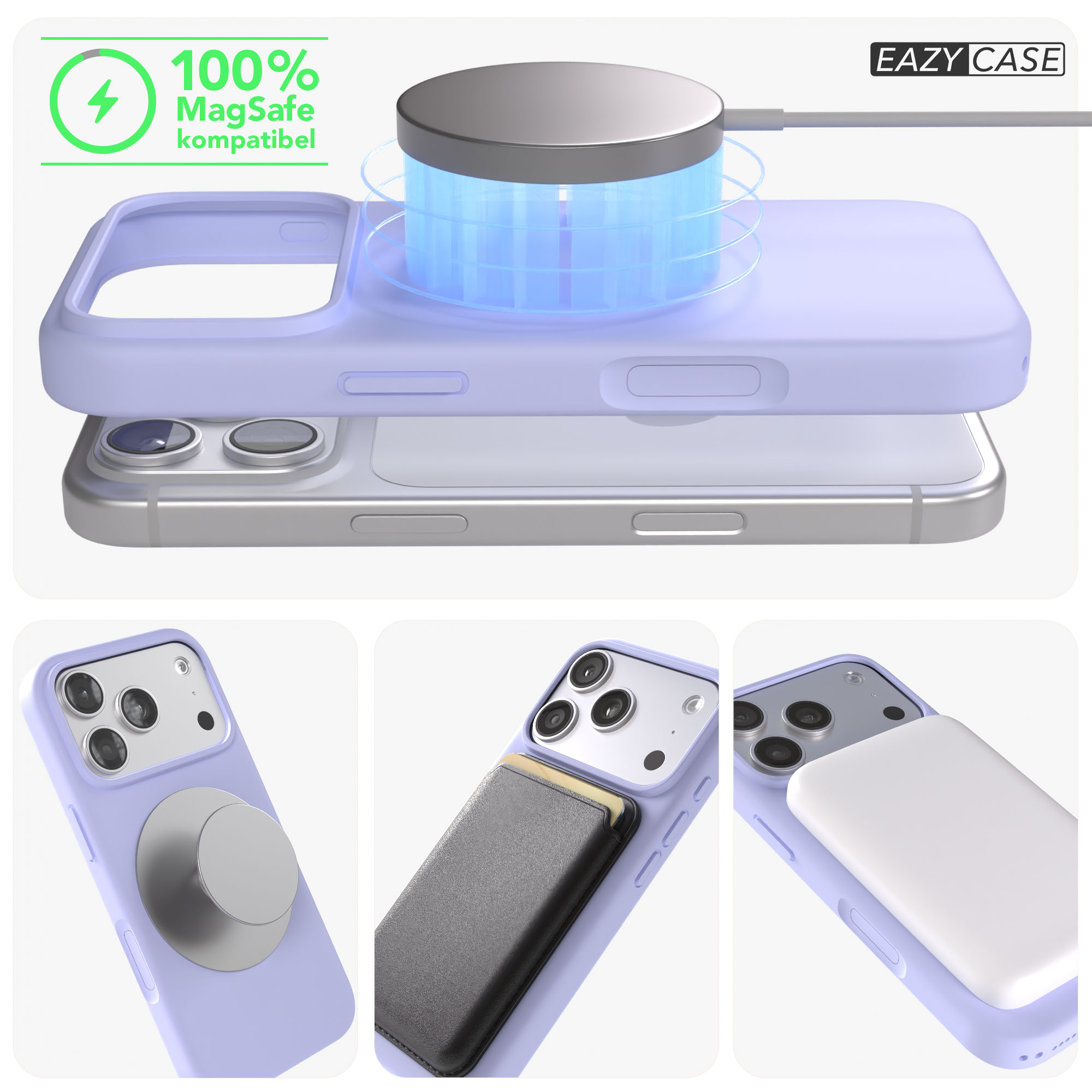 Ein lila iPhone-Case mit MagSafe-Ladegerät, Kartenhalter und weißem Akku.